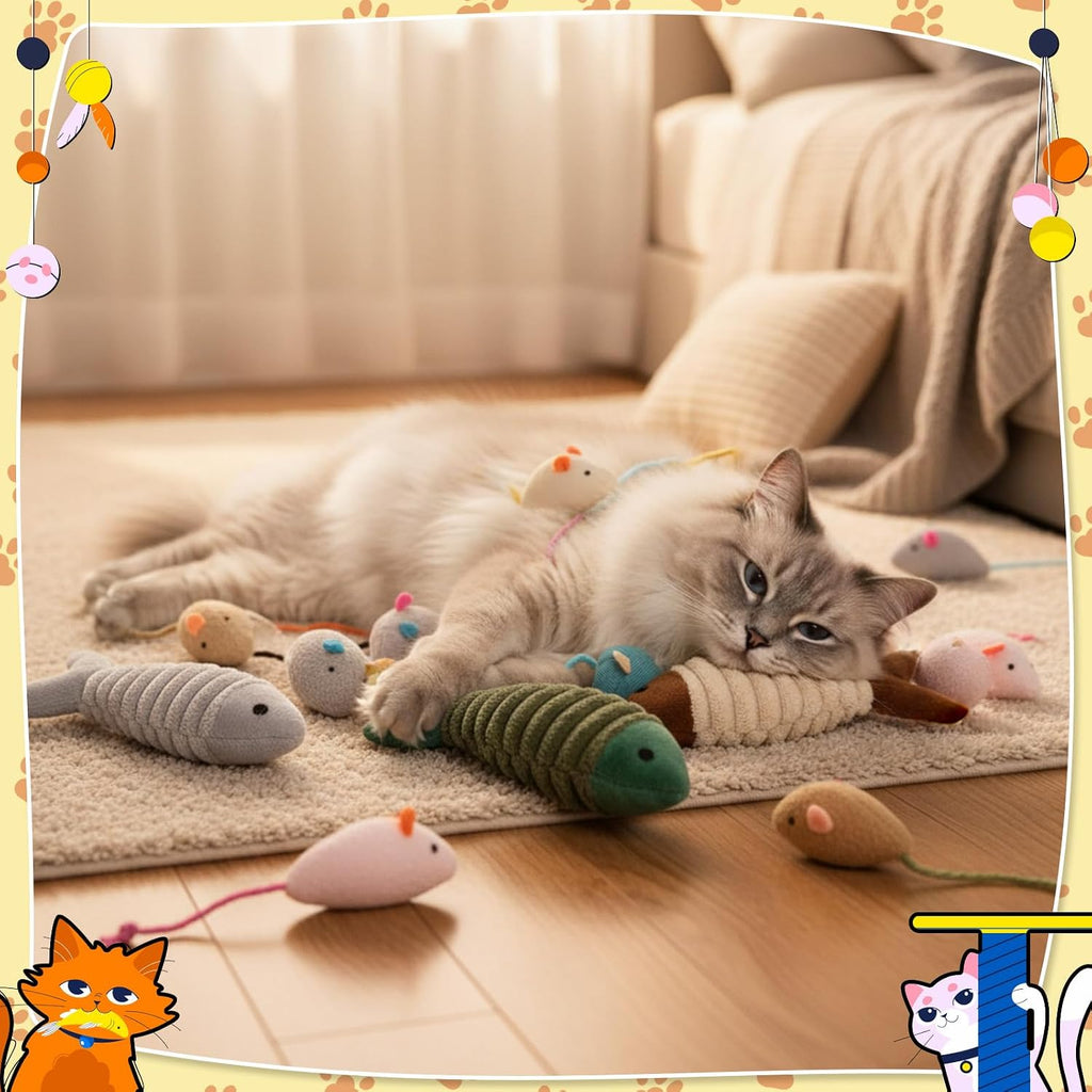 Leitee Cat Toys Bulk Plush Mice Set Fish for Indoor Kittens Puppies