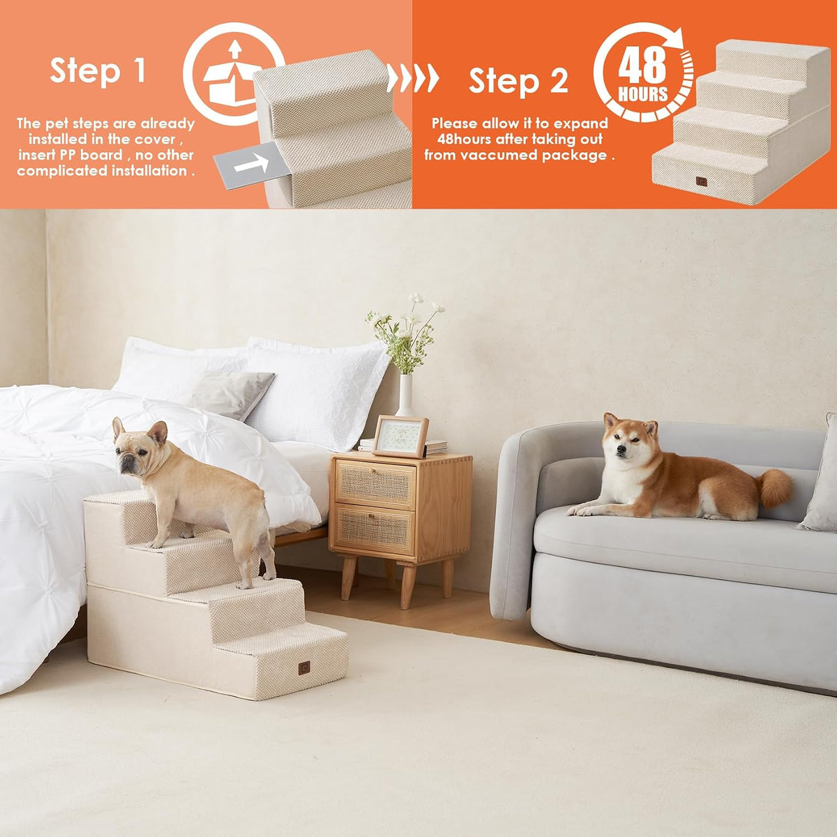 EHEYCIGA Dog Stairs for Bed 20" H, 4-Step Extra Wide Dog Steps, Beige