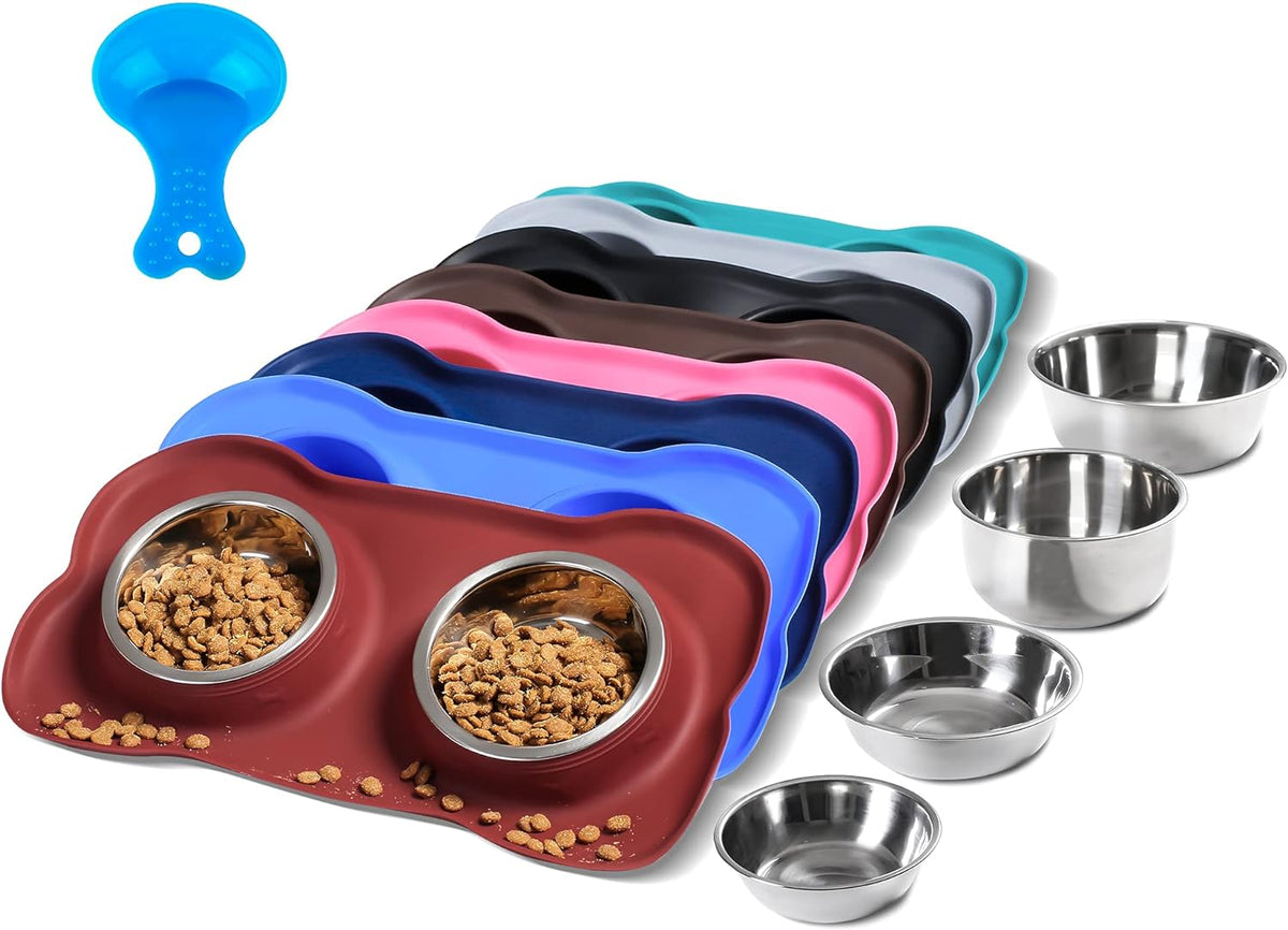 Hubulk Pet Dog Bowls 2 Stainless Steel Dog Bowl with No Spill Non-Skid Silicone Mat + Pet Food Scoop Water and Food Feeder Bowls for Feeding Small Medium Large Dogs Cats Puppies (X- Large, Burgundy) 