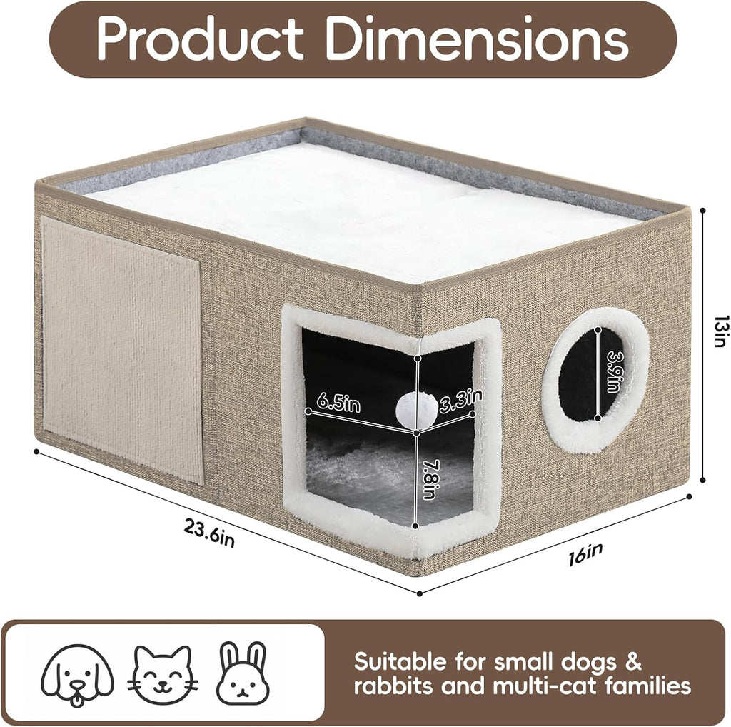 Extra-Wide Cat Houses for Indoor Cats, Large Cat Cave Bed with Fluffy Ball and Scratch Pad, Foldable Covered Kitten Bed for Multiple Cats, 23.6x16x13 inches, Khaki