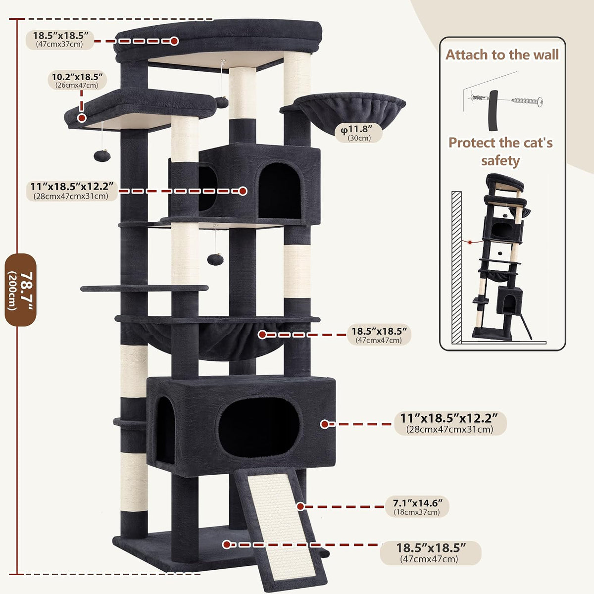 Gitelsnour Cat Tree, 78.7'' Cat Tower, 2 Big Condos for Multi Cats GCT061G