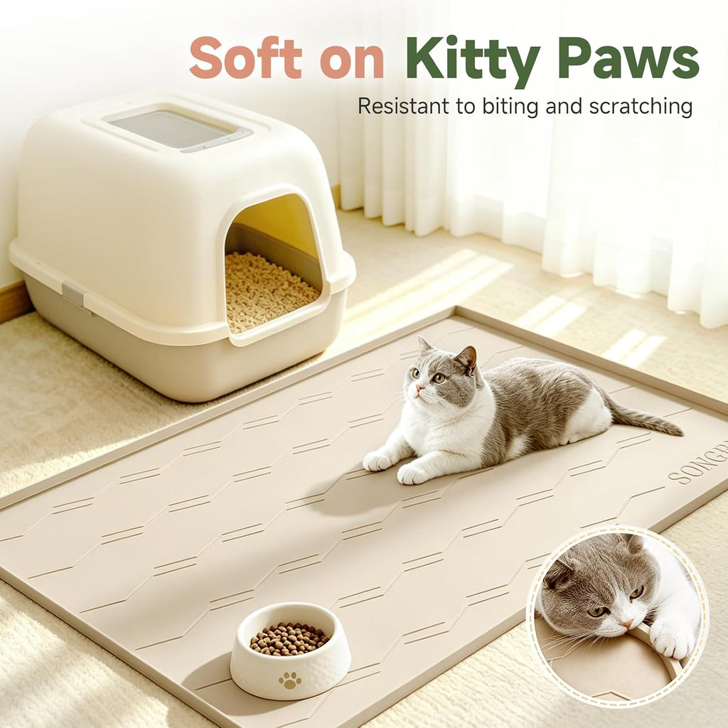 Songrey Silicone Cat Litter Mat 34" x 22", Large Litter Trapping Mat, Beige | Waterproof, Urine-Proof Litter Box Mat for Floor, Soft on Kitty Paws, Easy To Clean, Cat Supplies, Pet Feeding Mat