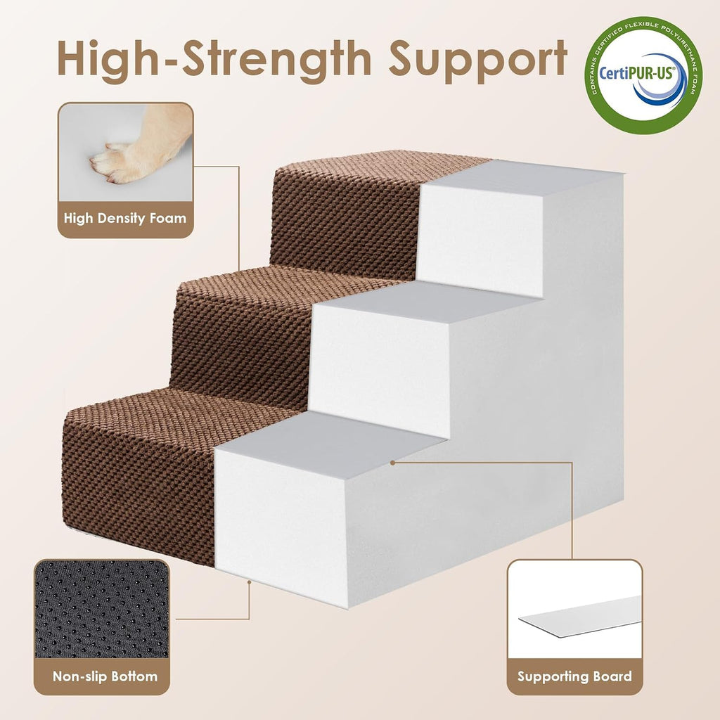 EHEYCIGA Dog Stairs 13.5" H, 3-Step Extra Wide Dog Steps, Brown