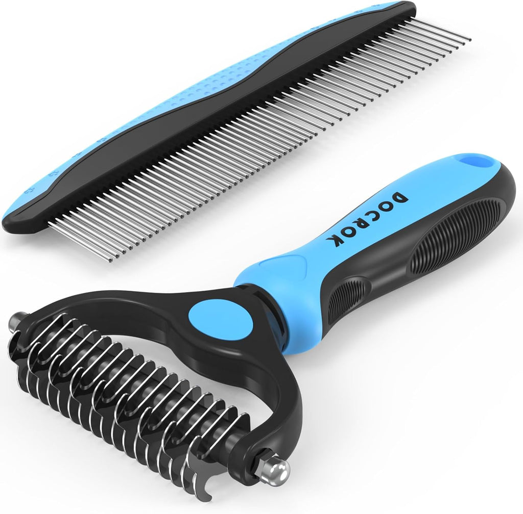 Docrok Pet Grooming Combo - Blue Deshedding Brush with Metal Comb for Detangling and Dematting Long, Matted Fur on Cats and Dogs | Dematting Deshedding Undercoat Rake, Cat Brush Dog Brush Shedding Tool for Long Matted Haired Pets