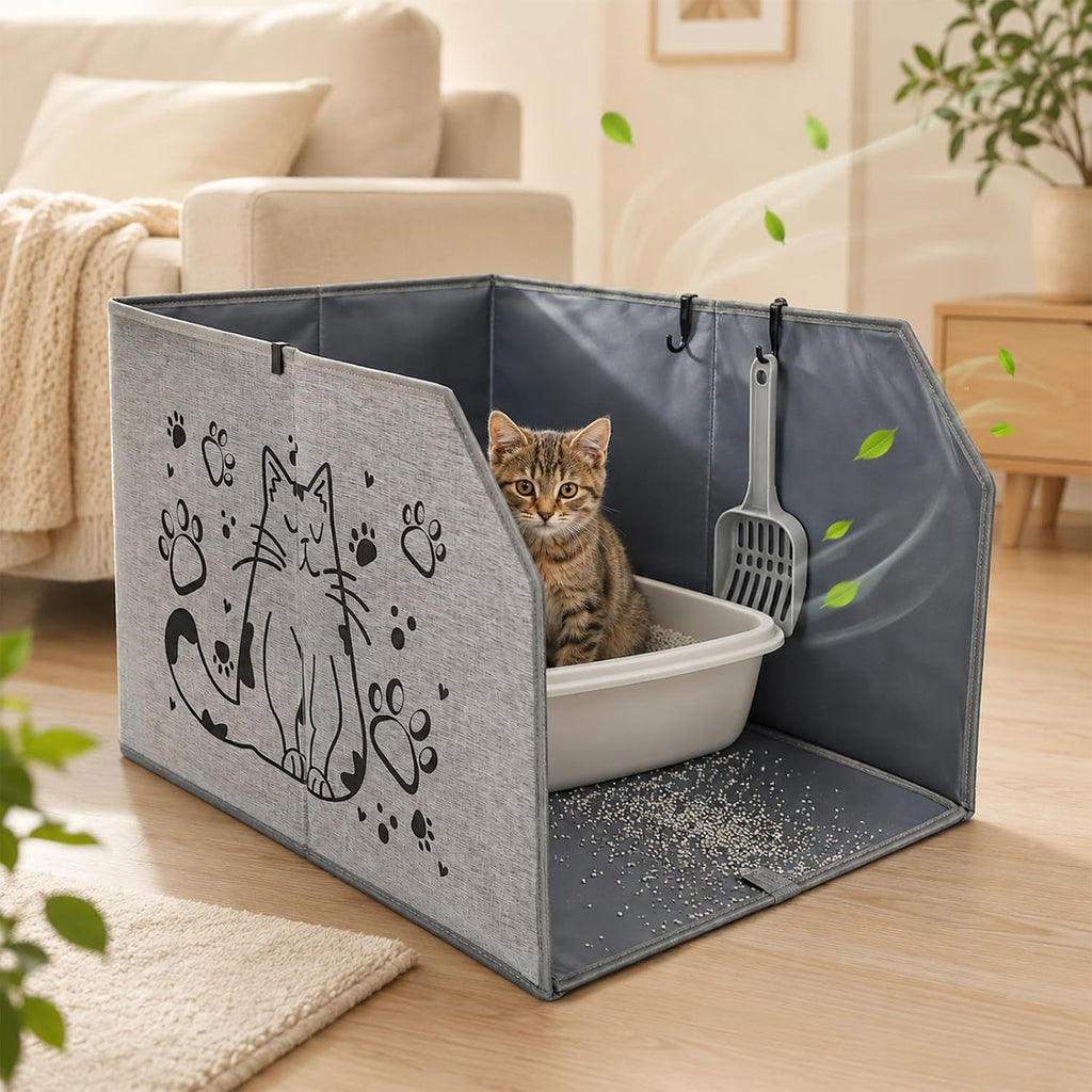 Lawei Waterproof Cat Litter Box Enclosure Splash Guard with Removable Mat and 2 Hooks, Foldable Open-Top Litter Box Enclosure with High Sides, Anti-Leakage Kitty Litter Box Cover Shields, 24x16x16 in
