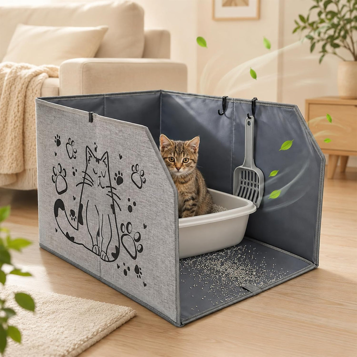 Lawei Waterproof Cat Litter Box Enclosure Splash Guard with Removable Mat and 2 Hooks, Foldable Open-Top Litter Box Enclosure with High Sides, Anti-Leakage Kitty Litter Box Cover Shields, 24x16x16 in