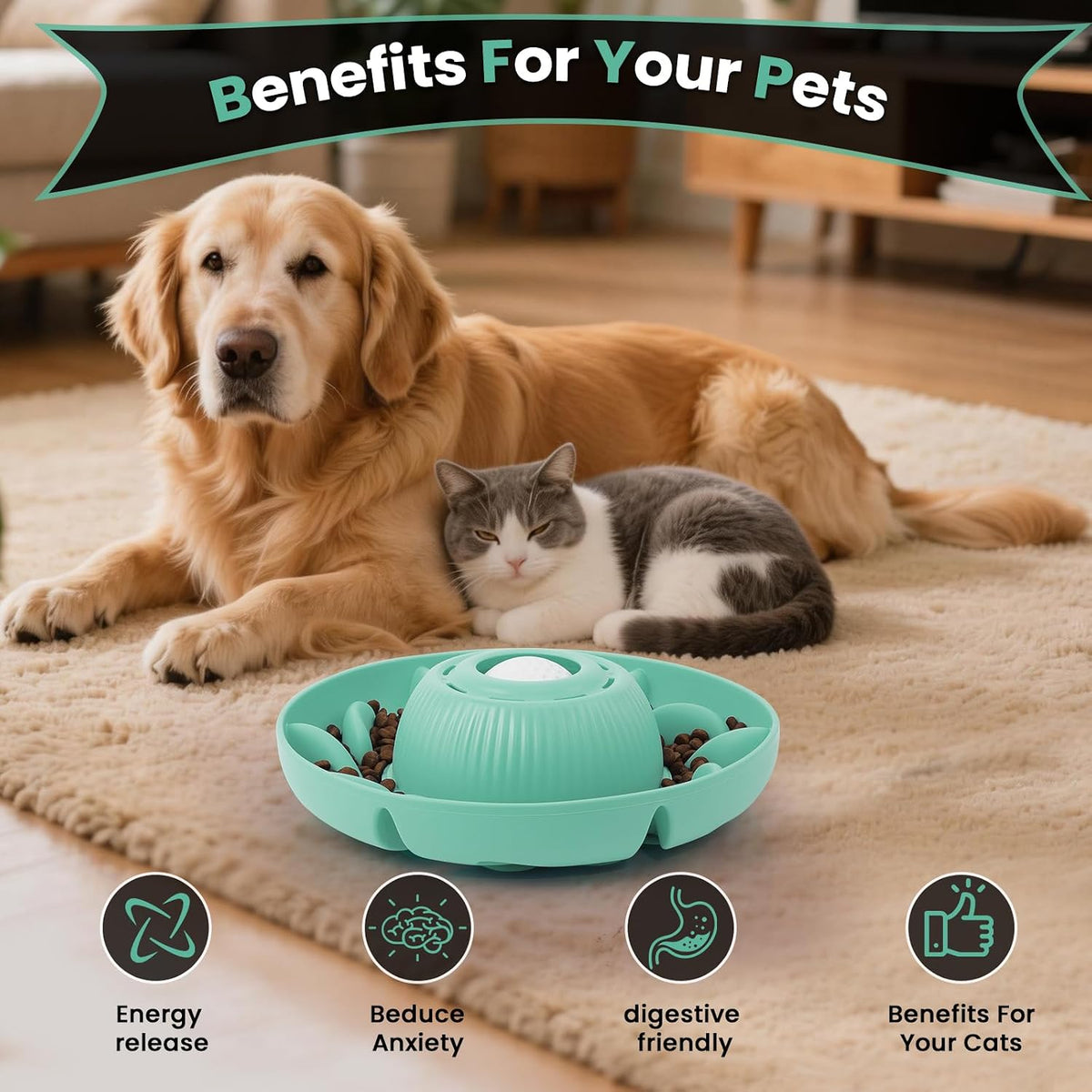 PUPPYGANG 2-in-1 Slow Feeder Dog Bowl & Dog Lick Bowl for Medium Large Dogs, Silicone Puzzle Feeder with Removable Lick Ball, Suction Base Bowl for Kibble, Wet Food, Yogurt & Peanut Butter (Green)