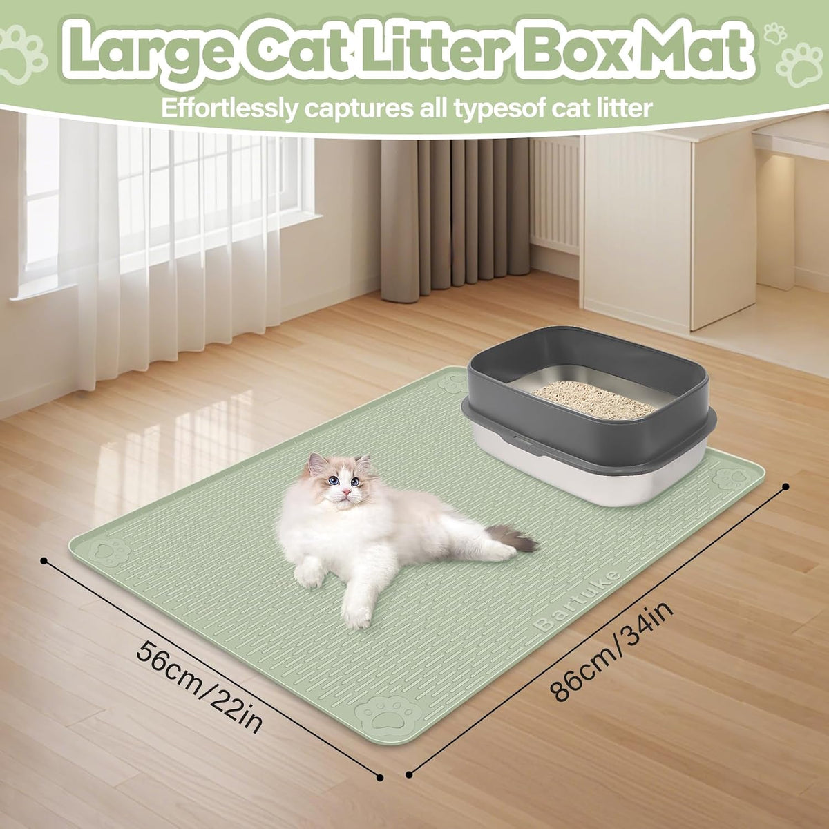 Silicone Cat Litter Mat for Litter Box 34”x22” Large Cat Mat, Green | Waterproof, Non-Slip, Leak-Proof Rug Mat with Lip, Easy to Clean, Extra Large Litter Catcher Mat for Floor
