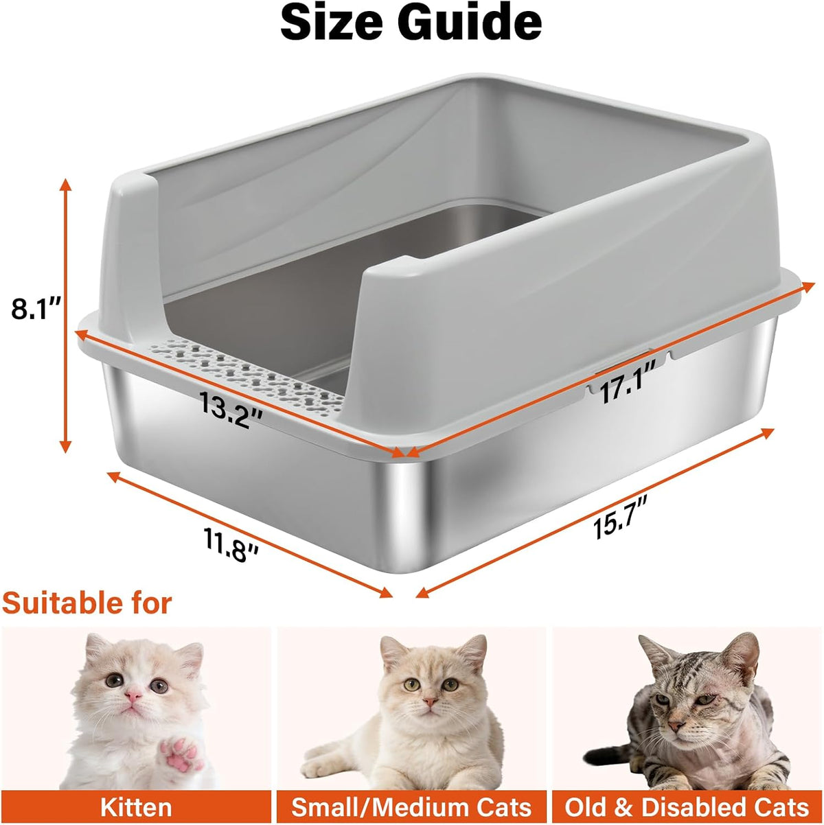 Stainless Steel Litter Box for Kitten,Metal Litter Box with Lid S | Cat Litter Box High Sides,Small Cats,Open Design,Indoor,1-Mat and 1-Scoop,Easy to Clean, No Odor,Anti-Urine Leakage
