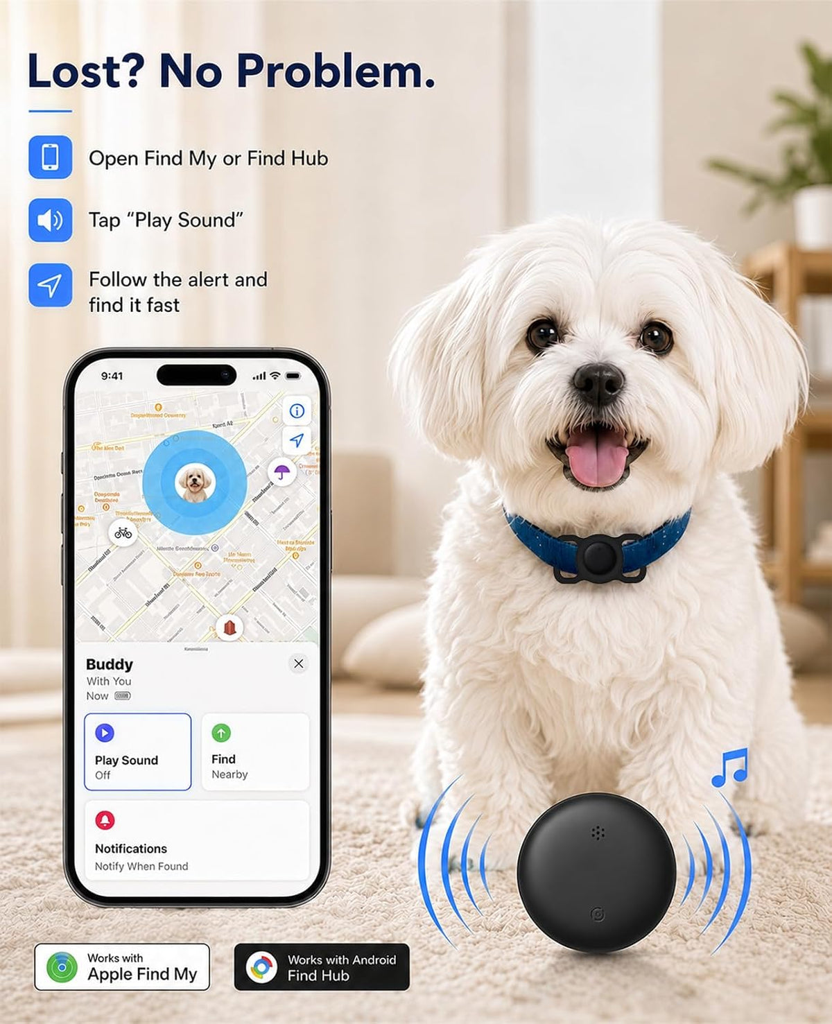 GPS Tracker for Dogs and Cats, iOS & Android, Real-Time Tracking (Pearl Black)