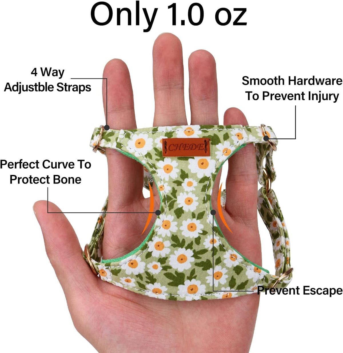 CHEDE No Pull Floral Pattern Dog Harness- Lightweight and Soft Harness, Adjustable Small Dog Harness and Leash Set, with Dog Leash, Suitable for Puppy Small and Medium-Sized Dog (XXS, Green Daisy)