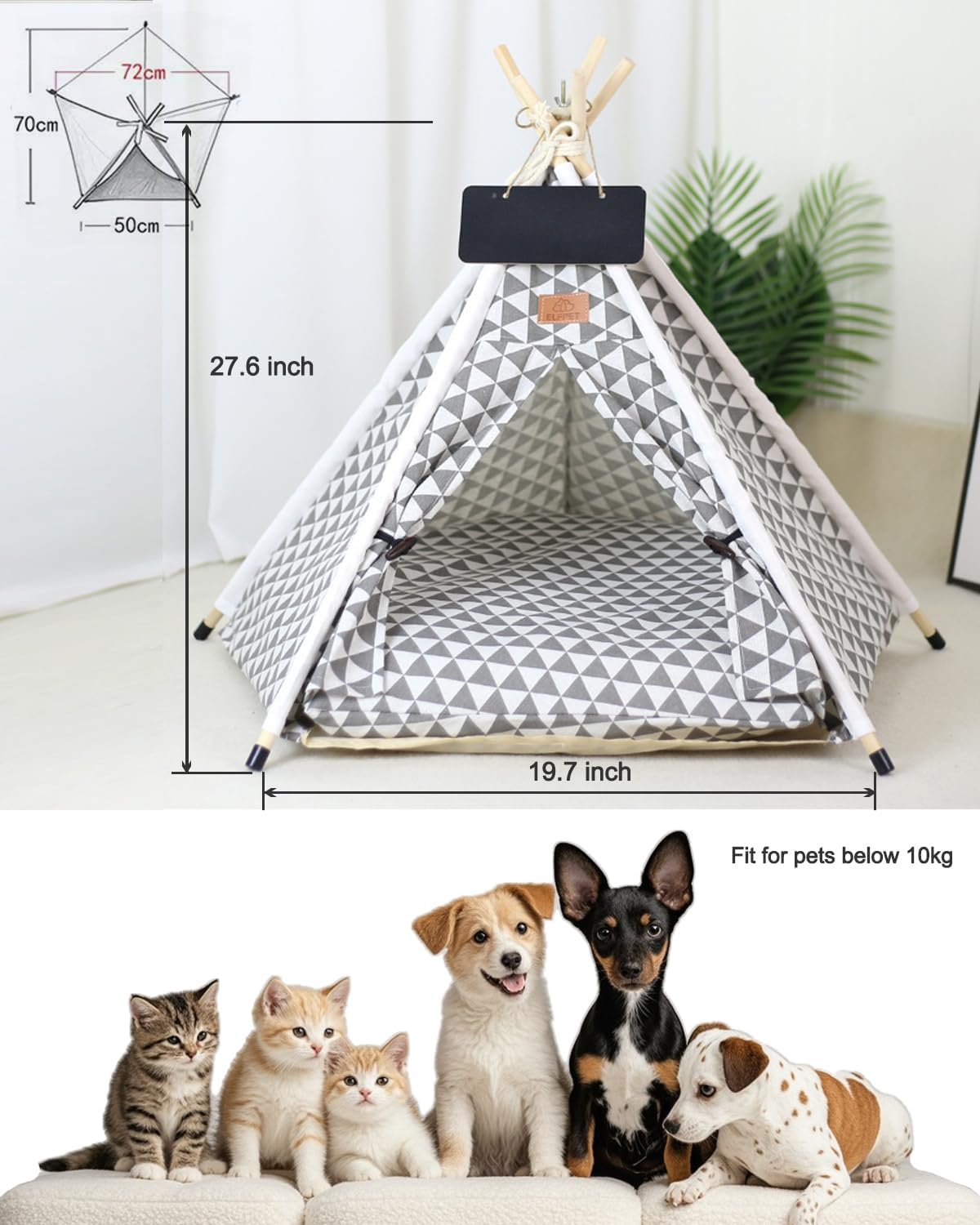 OAOAPLOS® Cat Tent and Dog Tent Bed Teepee, Indoor Dog Tent with Cushion, Small Pet Tent for Dogs and Cats, Cozy Cat Teepee Hideout for Puppies, Kittens and Rabbits