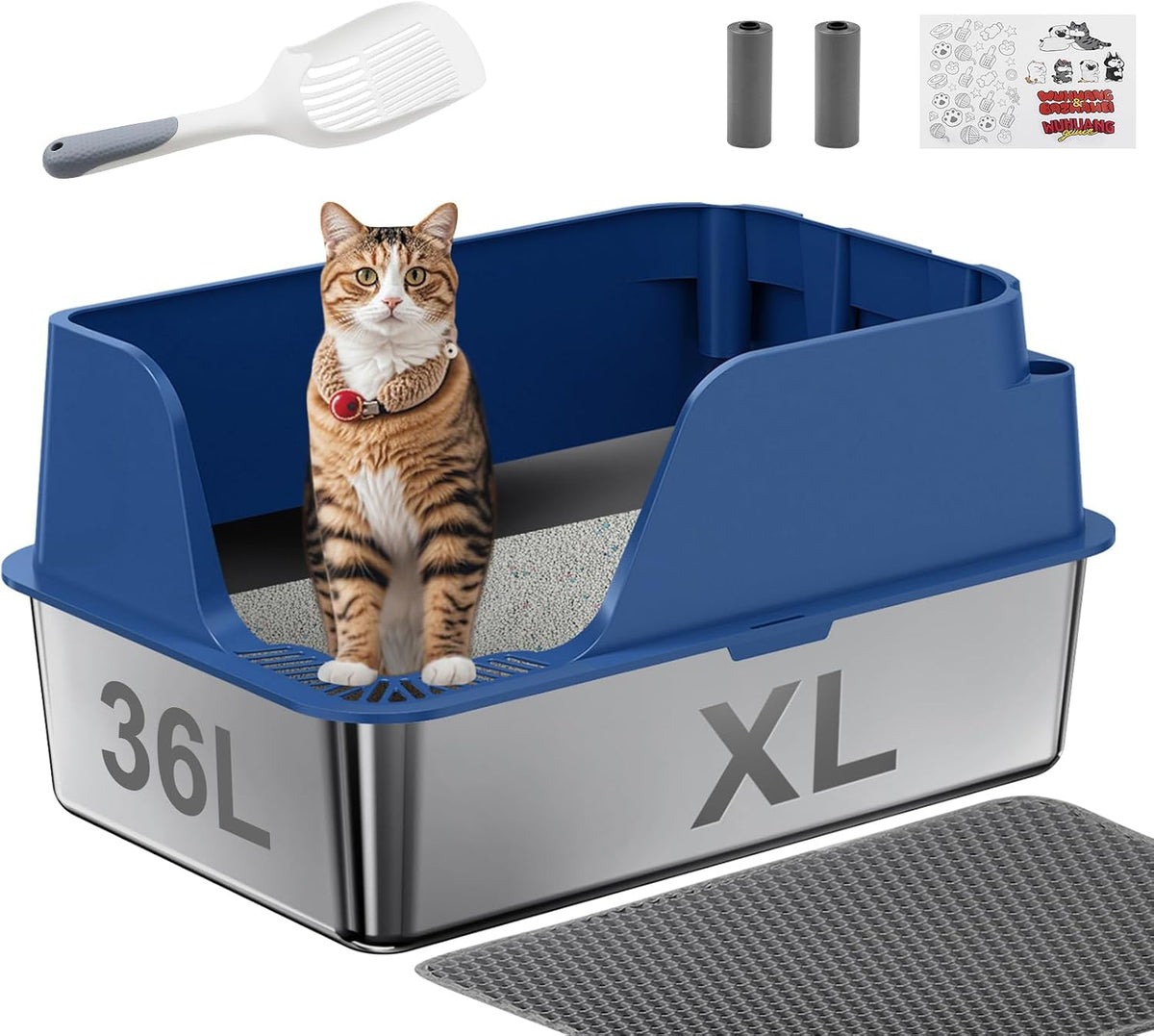 Non-Stick Stainless Steel Litter Box, XL Side Open Splash-Proof (Blue)