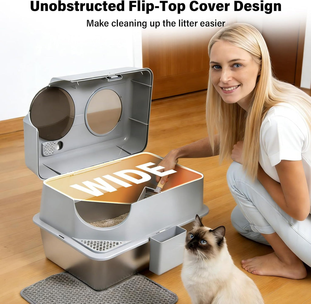 Stainless Steel Litter Box with Lid,Extra Large Enclosed cat Litter Box | Enclosed Metal litterbox with Flip Top,Front and Top Entry,Anti-Leakage,Easy Cleaning,Includes Scoop & Mat