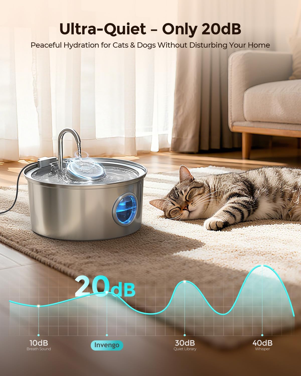 Invengo Cat Water Fountain Stainless Steel 108oz/3.2L Pet Fountain