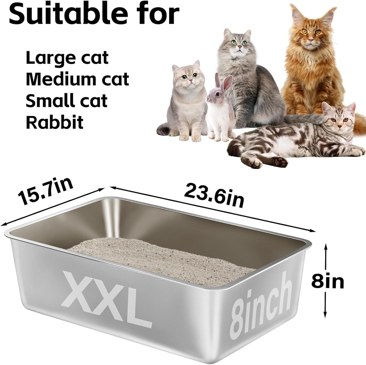 Stainless Steel Litter Box,XXL Metal Cat Litter Box for Big Cats 8IN Deep, Cat LitterBox High Sided Pet Toilet Easy to Clean,Cats Litter Pan for Adult Cats,Non Stick, No Smell | 8IN Deep, Cat LitterBox High Sided Pet Toilet,Easy to Clean,Cats Litter Pa...