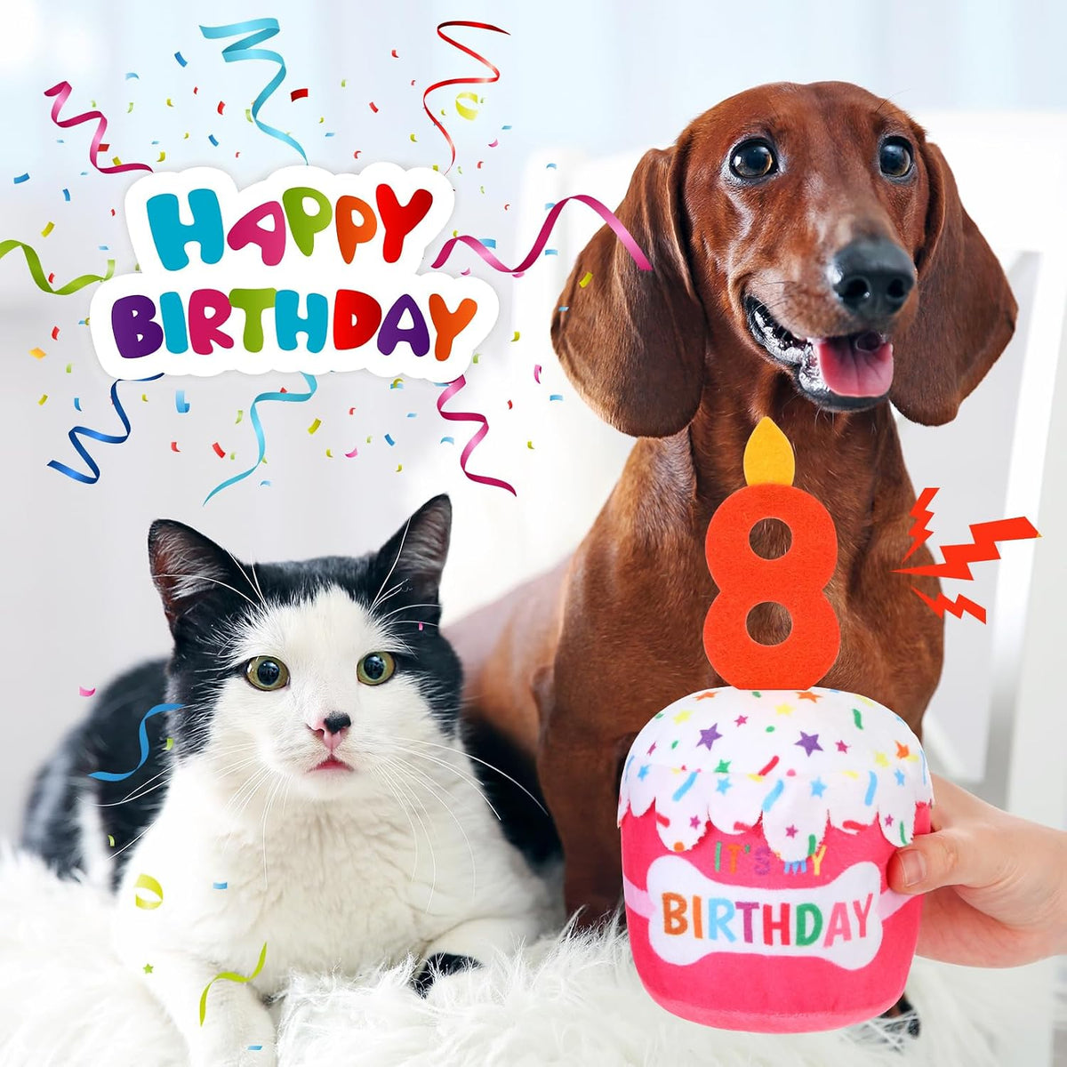 Dansydaisy Dog Birthday Cake Toy Squeaky Plush Gift,8th,Pink | Interactive Squeaky Gift for Dogs, Dog Birthday Decor , Soft Chew for Small Medium Large Pets, Cake Design with Candle