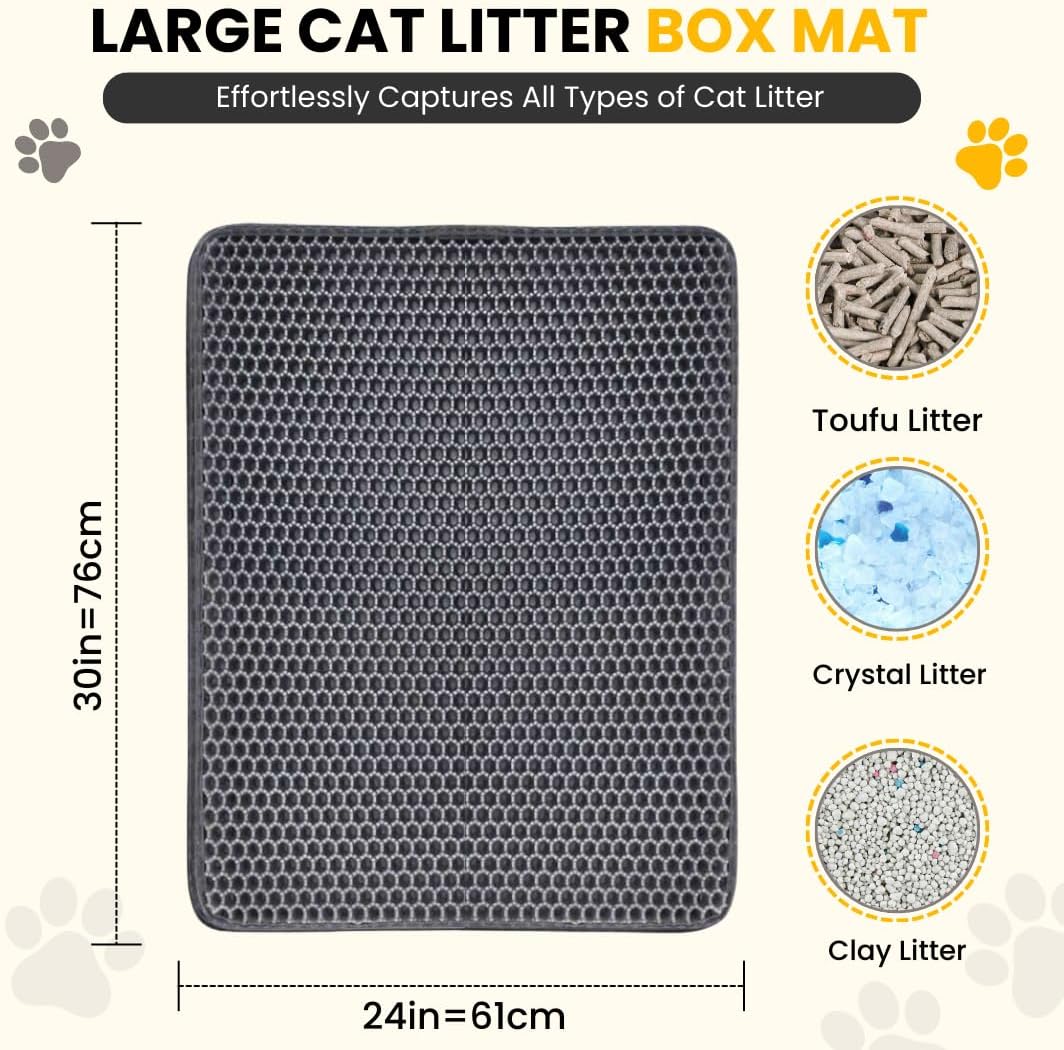 Andalus Brands Large Cat Litter Mat - Waterproof & Urine-Proof Litter Box Mat, Non-Slip Kitty Litter Mats for Floor, Easy to Clean Litter Trapping Design (30" x 24", Grey)