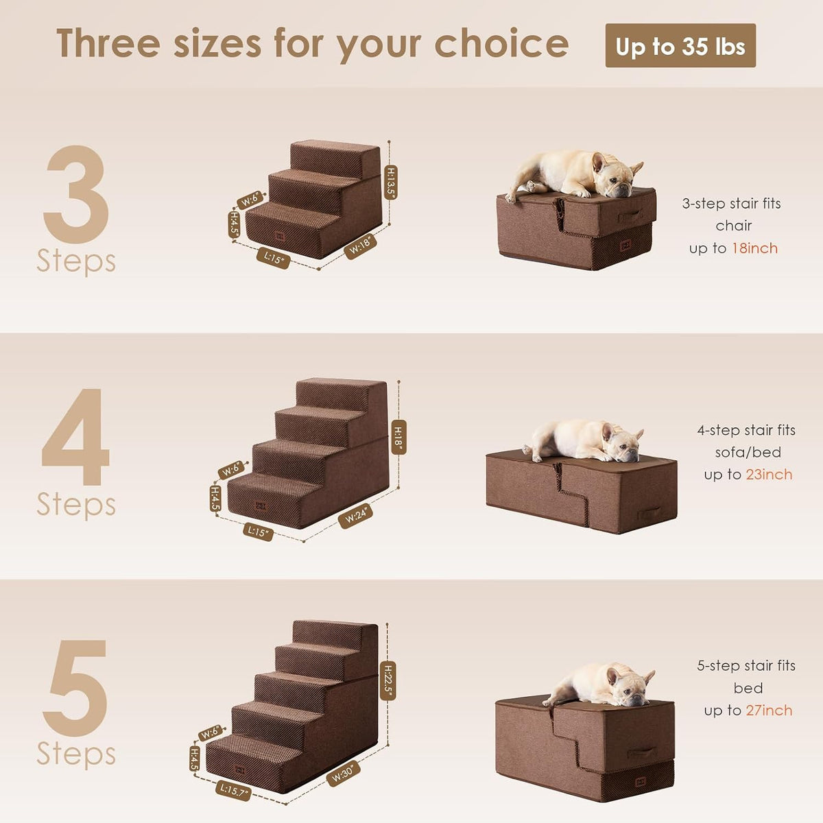 EHEYCIGA Dog Stairs for High Bed 22.5" H, 5-Step Dog Steps, Brown