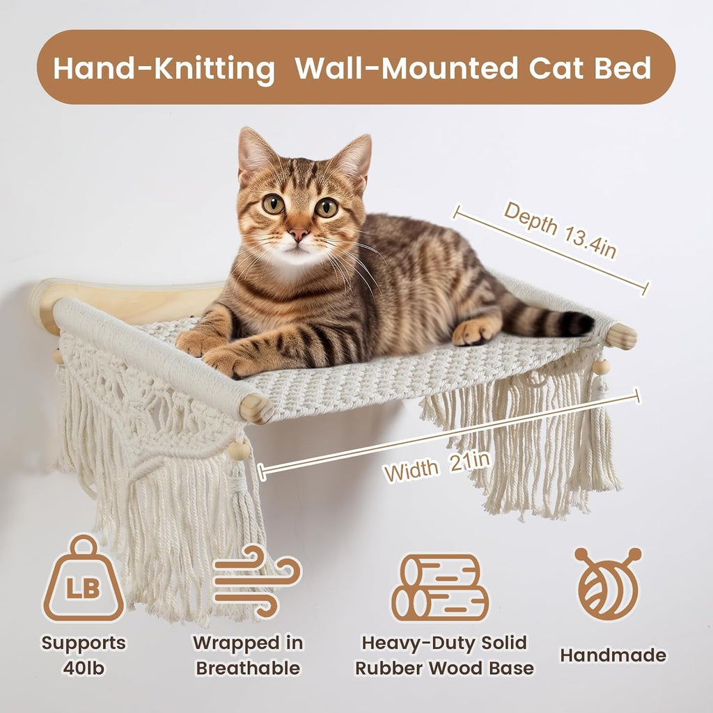Macrame Cat Wall Shelves & Hammock - Comfy Cat Beds with Window Perch for Indoor Cats, Sleeping & Climbing, Cotton Rope, Natural Wood, Maximum Hold up to 30lb, Beige White
