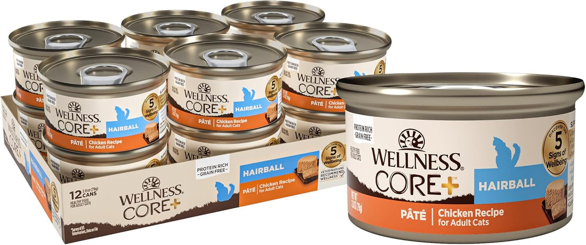 Wellness CORE+ Hairball Pate Adult Canned Wet Cat Food, Natural, Protein Rich, Grain Free, Chicken Recipe, 2.8 oz, Pack of 12 Cans