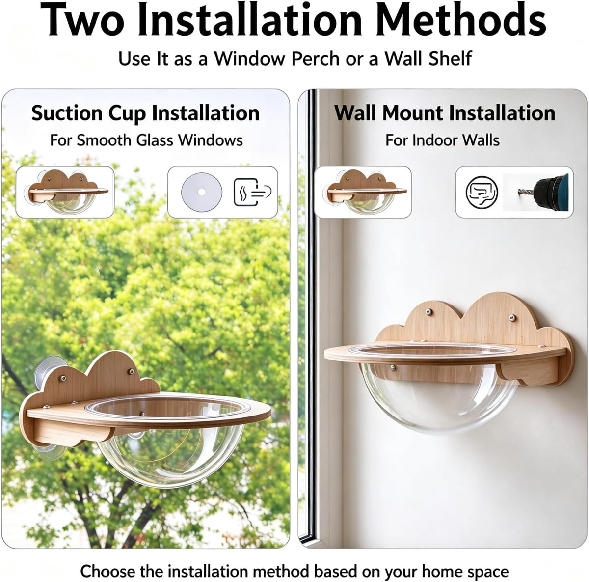 Cat Window Perch, Cloud Wooden Space Capsule Hammock, 2 Installation Ways Suction Cup & Wall Mount Cat Wall Shelf, Large Rest Bed for Indoor Pets Sunbathing & Viewing