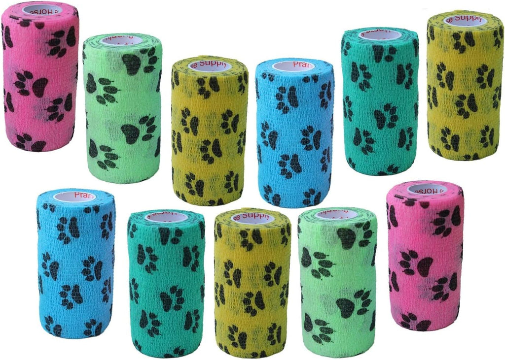 3 Inch Vet Wrap Tape Bulk (Paw Prints Variety) (Pack of 12) Self Adhesive Adherent Adhering Flex Bandage Grip Roll for Dog Cat Pet