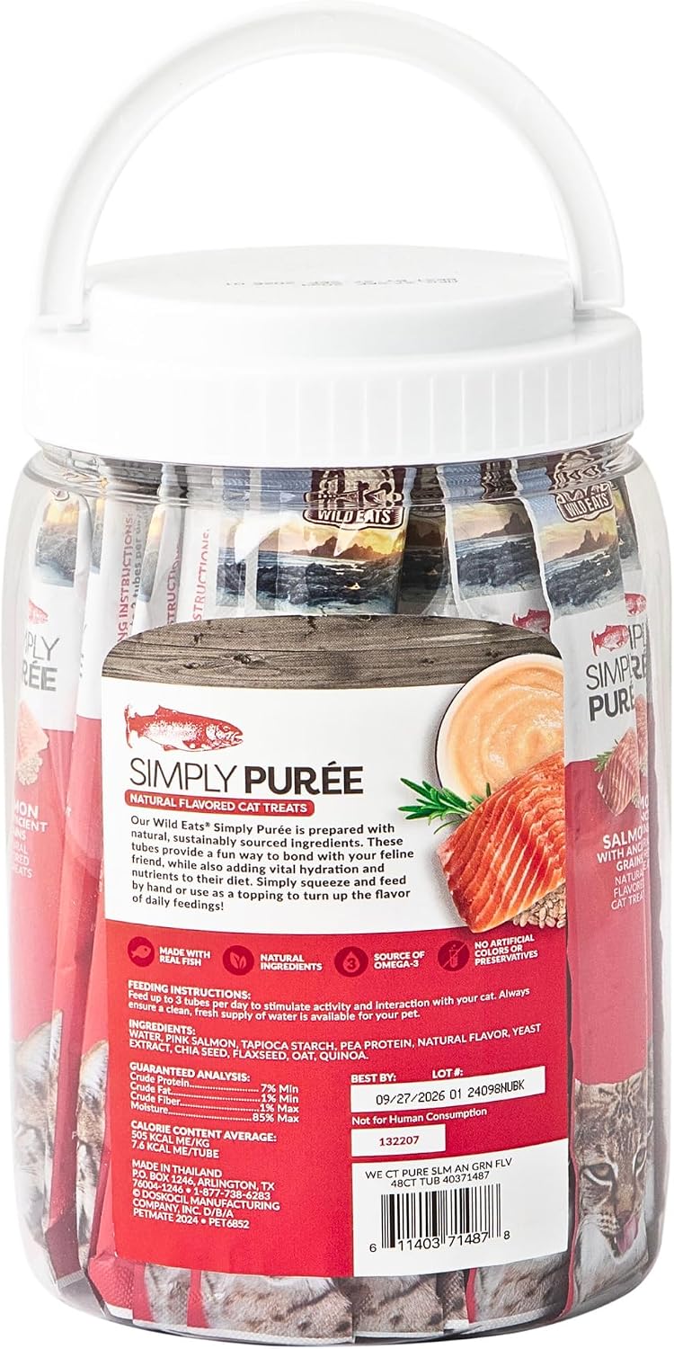 Wild Eats Simply Puree Salmon & Ancient Grains Cat Treats Tub, 48 Servings
