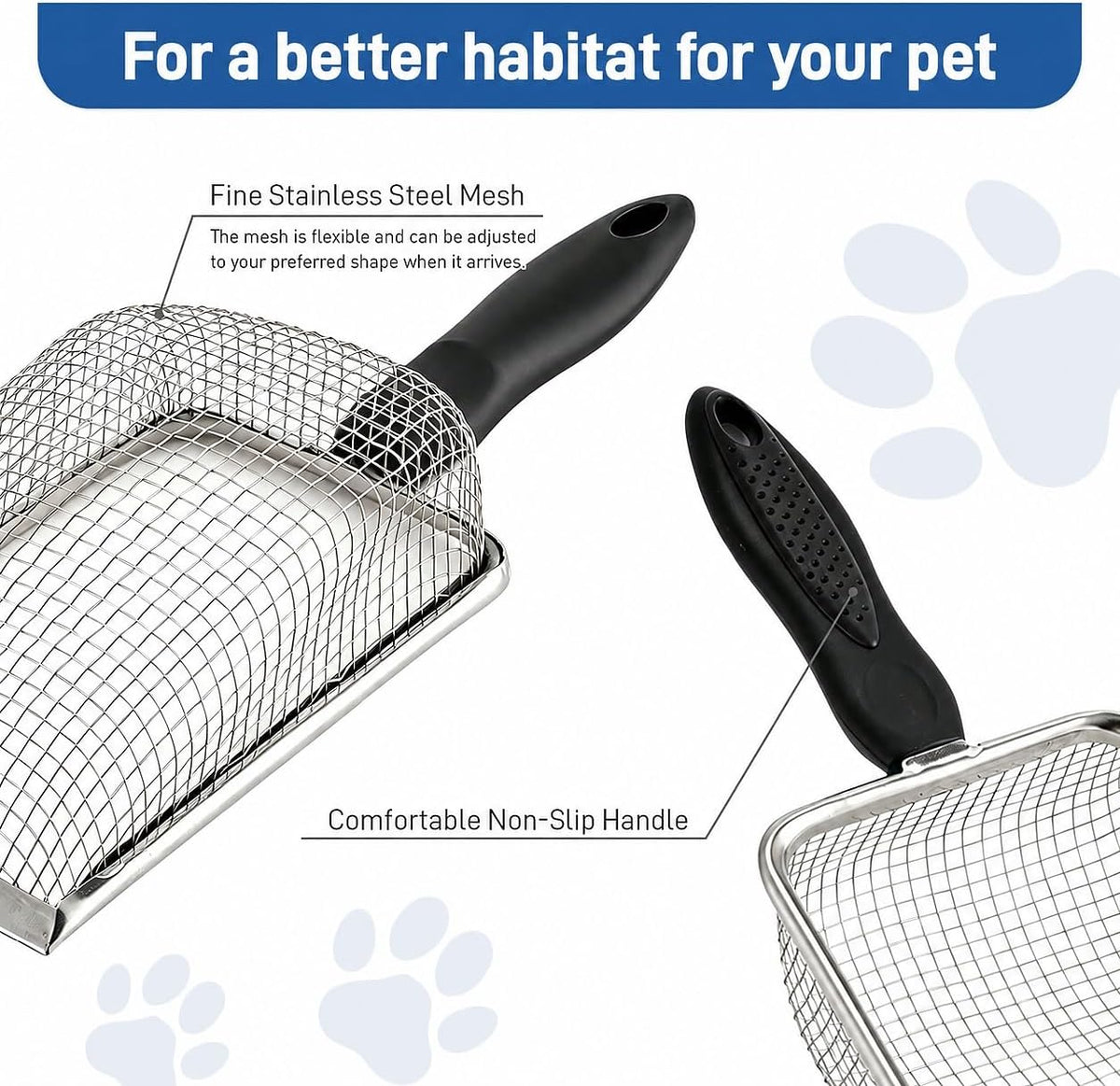 Stainless Steel Metal Cat Litter Scoop with 3.8mm Mesh, Sticky Hang Hook