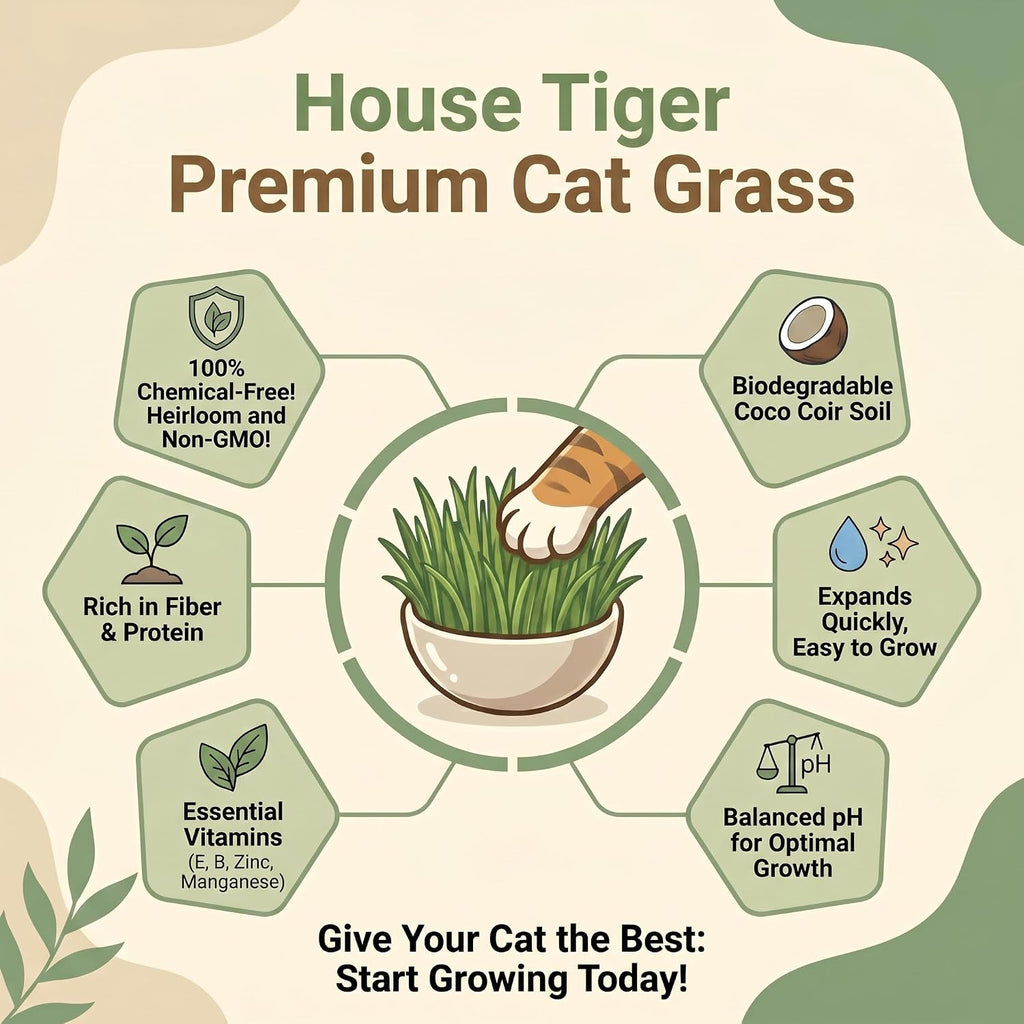 House Tiger Cat Grass Gift Set - Complete All-in-One Kit with Self-Watering Stay Fresh Pot & 3-Pack Refill | Includes Premium Cat Grass Seed, Coco Coir Soil Discs | Aids Digestion & Hairball Control