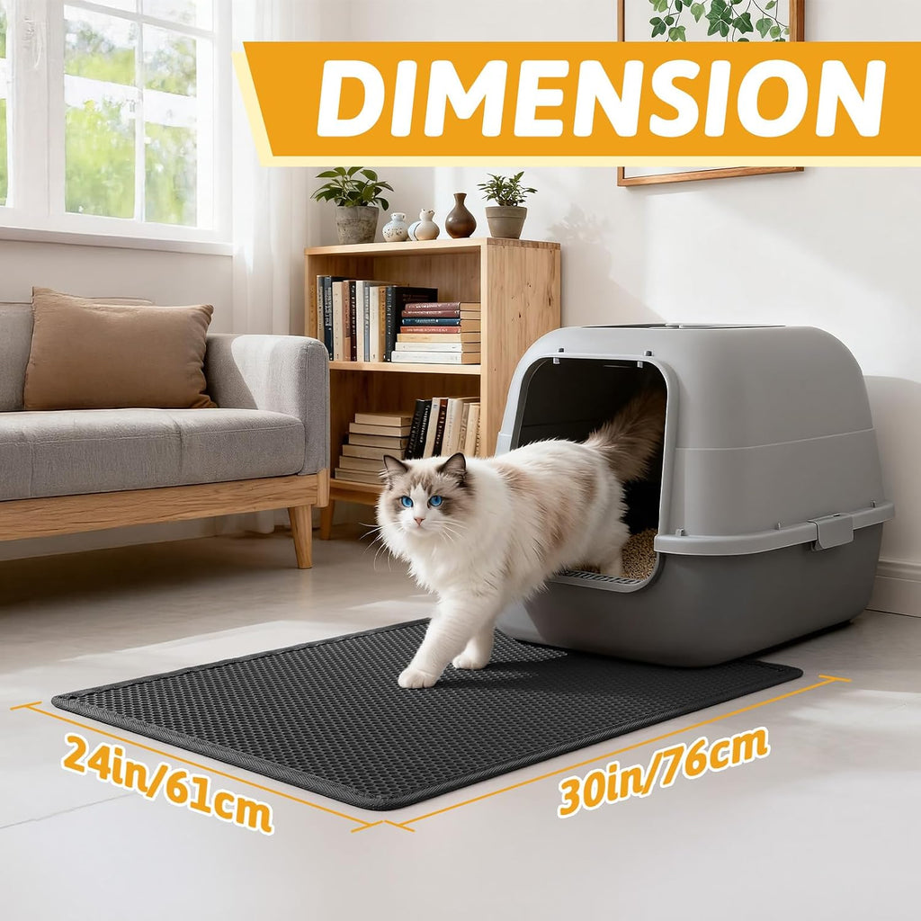 Pieviev Kitty Litter Mat, Double-Layer Waterproof Design, 30" x 24" Black | Honeycomb Litter Box Mat Catches Scattered Particles to Stop Tracking, Urineproof Base protects Floors, Easy to Clean