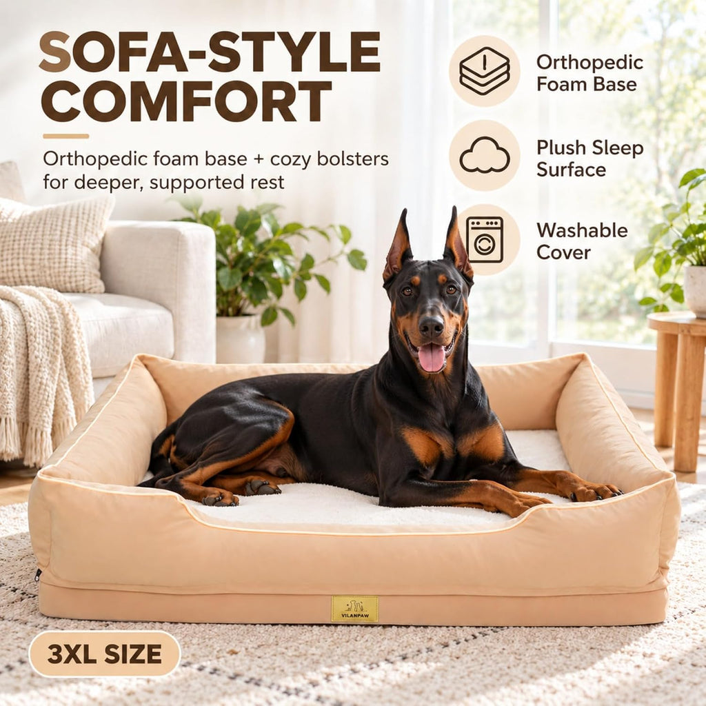 XXXL Bolster Dog Bed: Washable Sofa Pet-Bed with Removable Cover