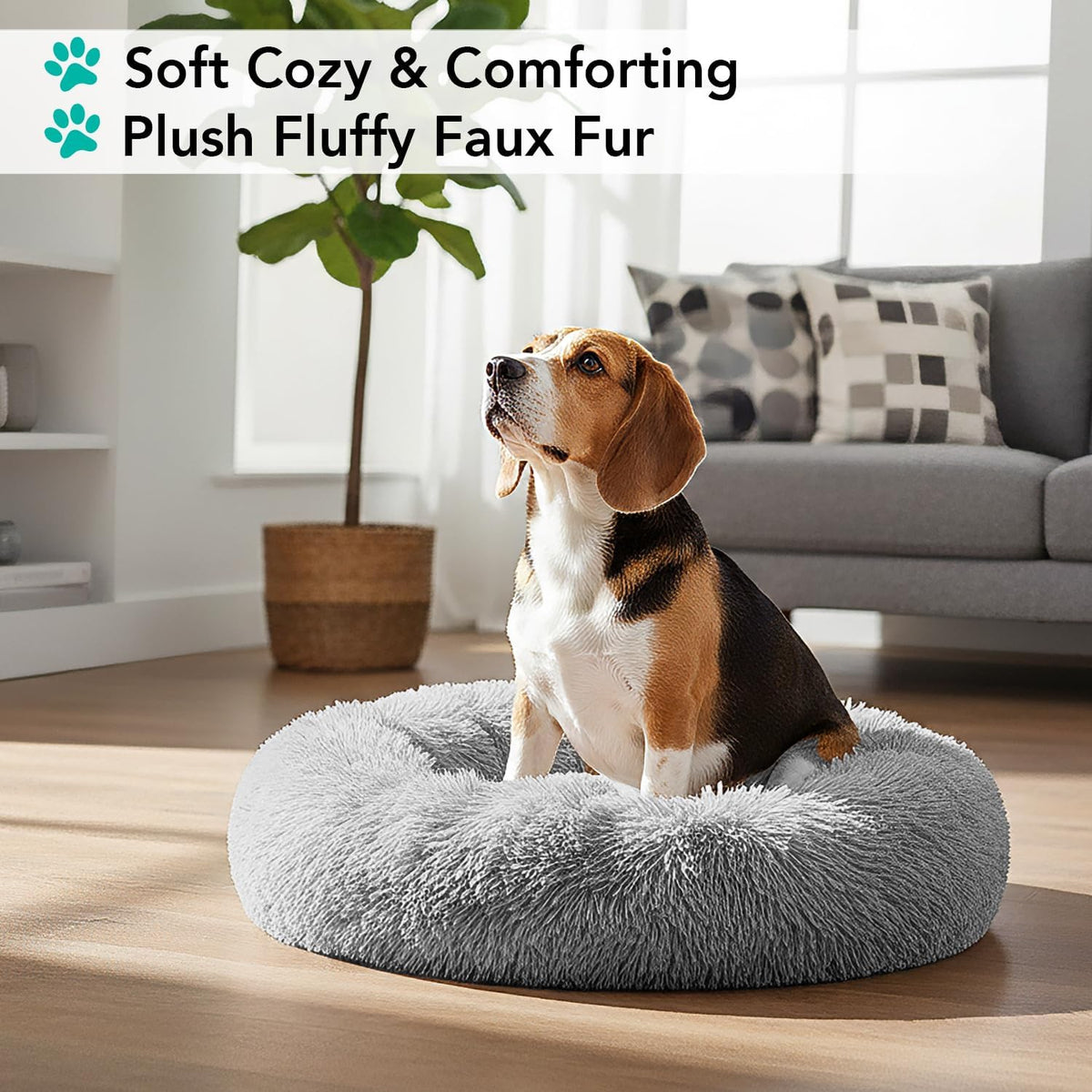 PetAmi Calming Donut Dog Bed, Washable Faux Fur, 30 Inch Medium, Light Grey