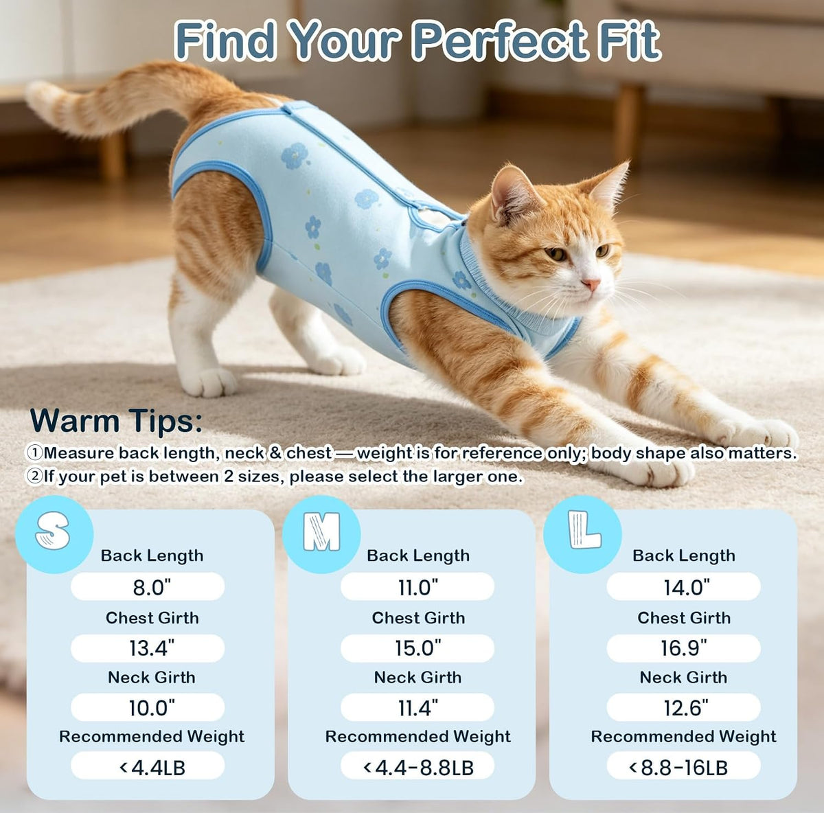 Cat Spay Recovery Suit Female, Cat Onesie for Abdominal Wounds, Blue M