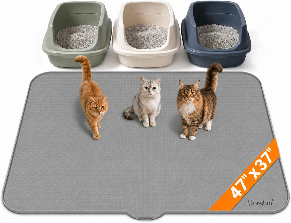 Cat Litter Mat, XL 47 x 37 in Extra Large Silicone Litter Box Mat | Gray, Silicone rubber, Water-resistant, Easy pour-out front notch, Raised lip, Grippy backing, Rinses clean