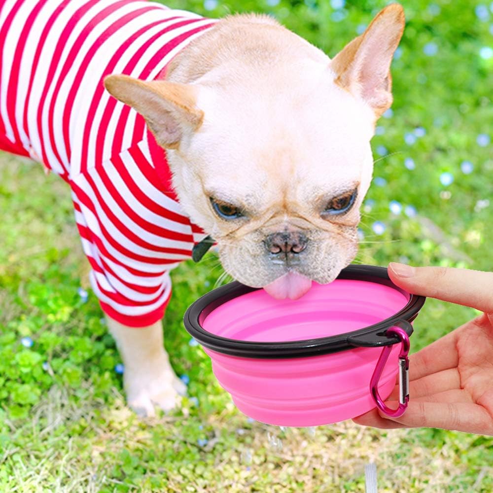 SLSON Collapsible Dog Bowls, 2 Pack, Portable Pet Feeding Watering Dish for Traveling with Carabiners (Small, Orange+Pink) 