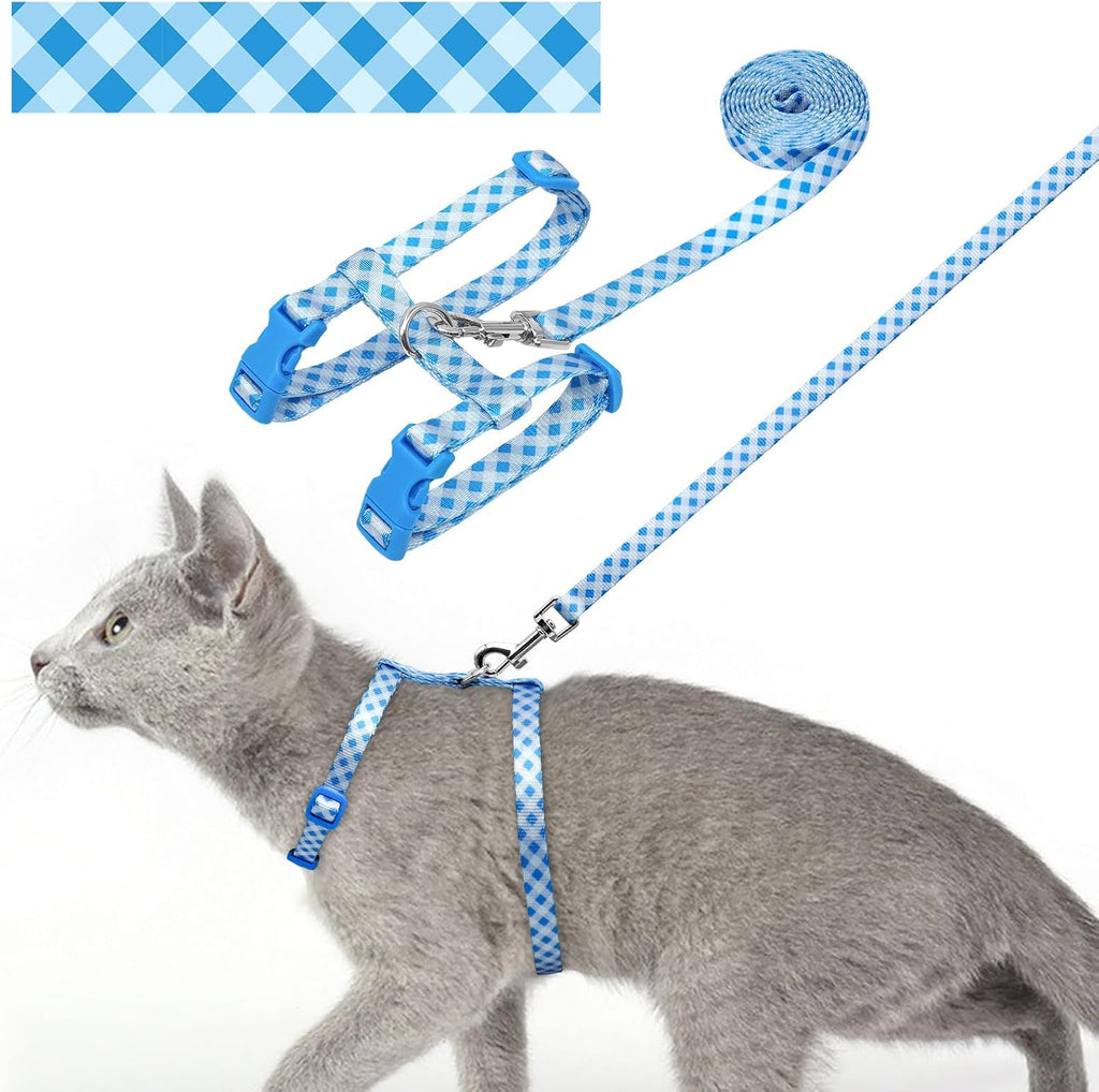 azuza Cat Harness and Leash Set, Escape Proof for Safe Walking, Blue Plaid