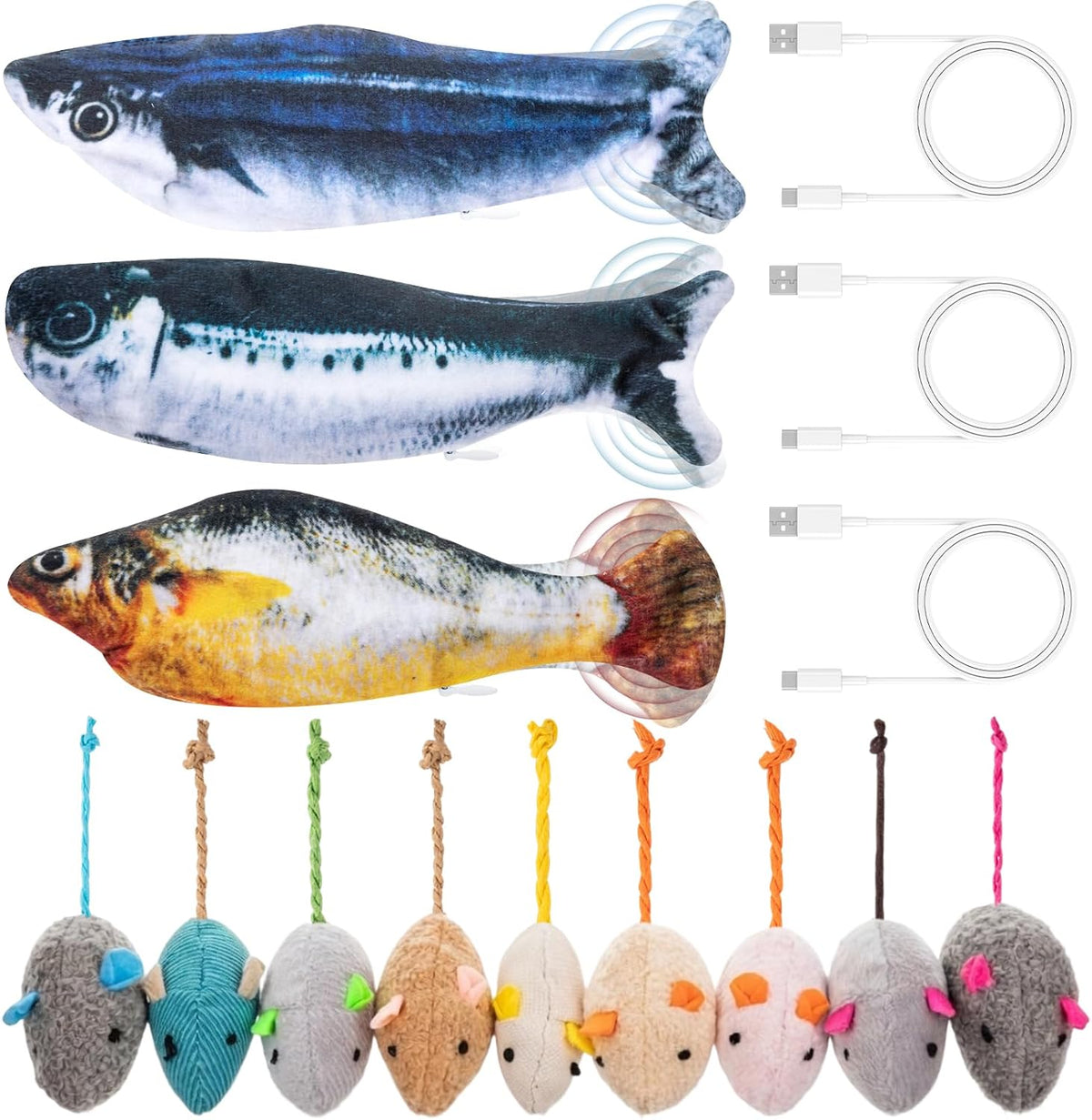 Leitee 12 Pack Cat Toys Plush Mice Flopping Fish for Indoor Cats Dogs