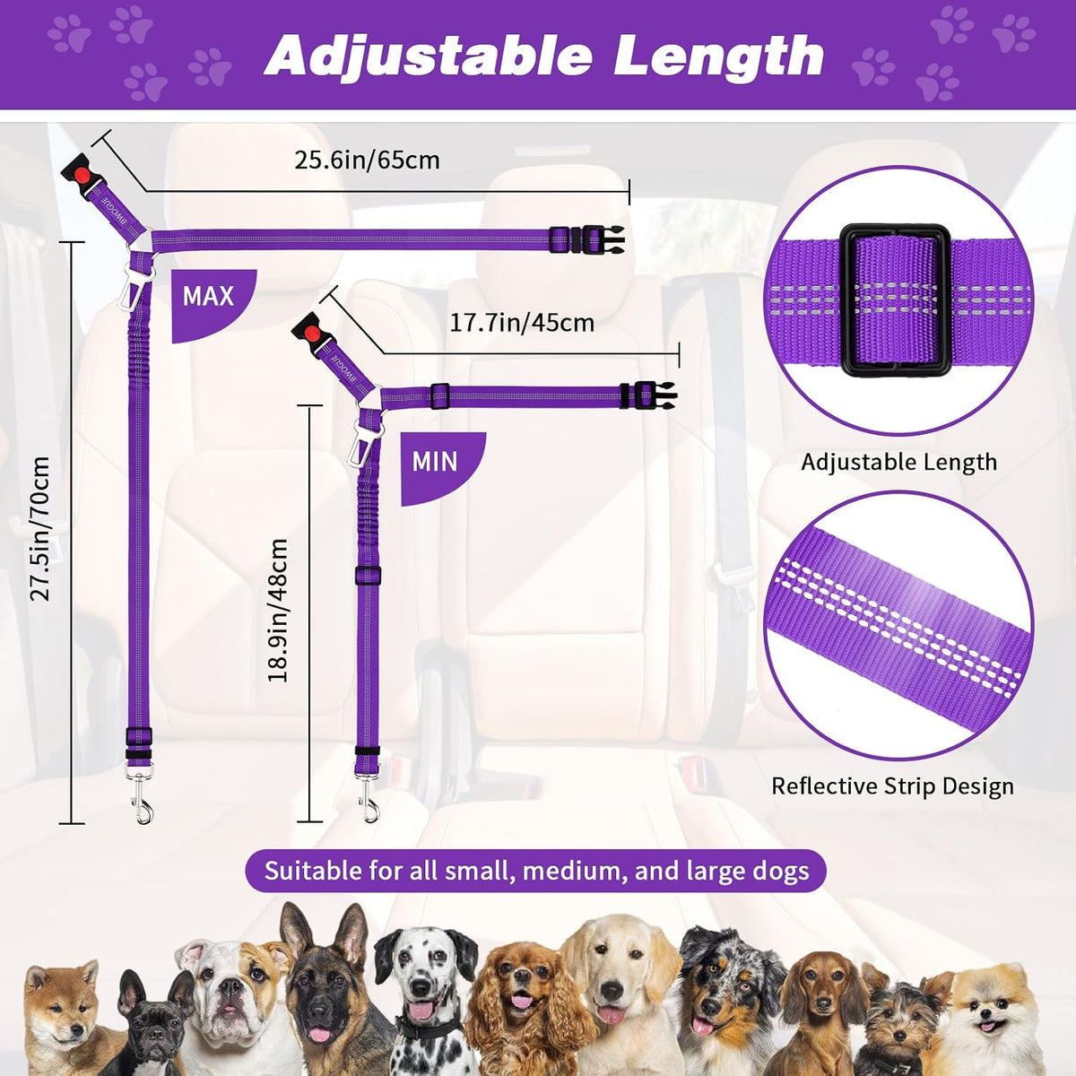 BWOGUE Dog Seat Belt for Car, Headrest Restraint Reflective Bungee, 1 Pack