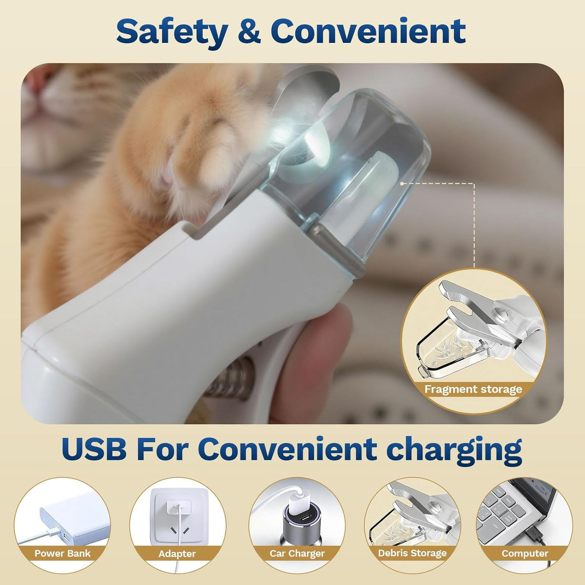 2-in-1 Dog Nail Clippers ＆ Grinder: Rechargeable Pet Trimmer with LED Light