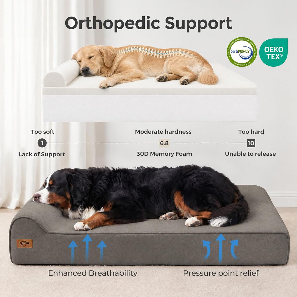 Sytopia XXL 35D Memory Foam Dog Bed for Extra Large Dogs – 7" Thick Orthopedic Pet Couch for Seniors and Big Breeds up to 150 Pounds, with Waterproof Liner & Washable Cover, 50"x 34"x 7", Dark Grey
