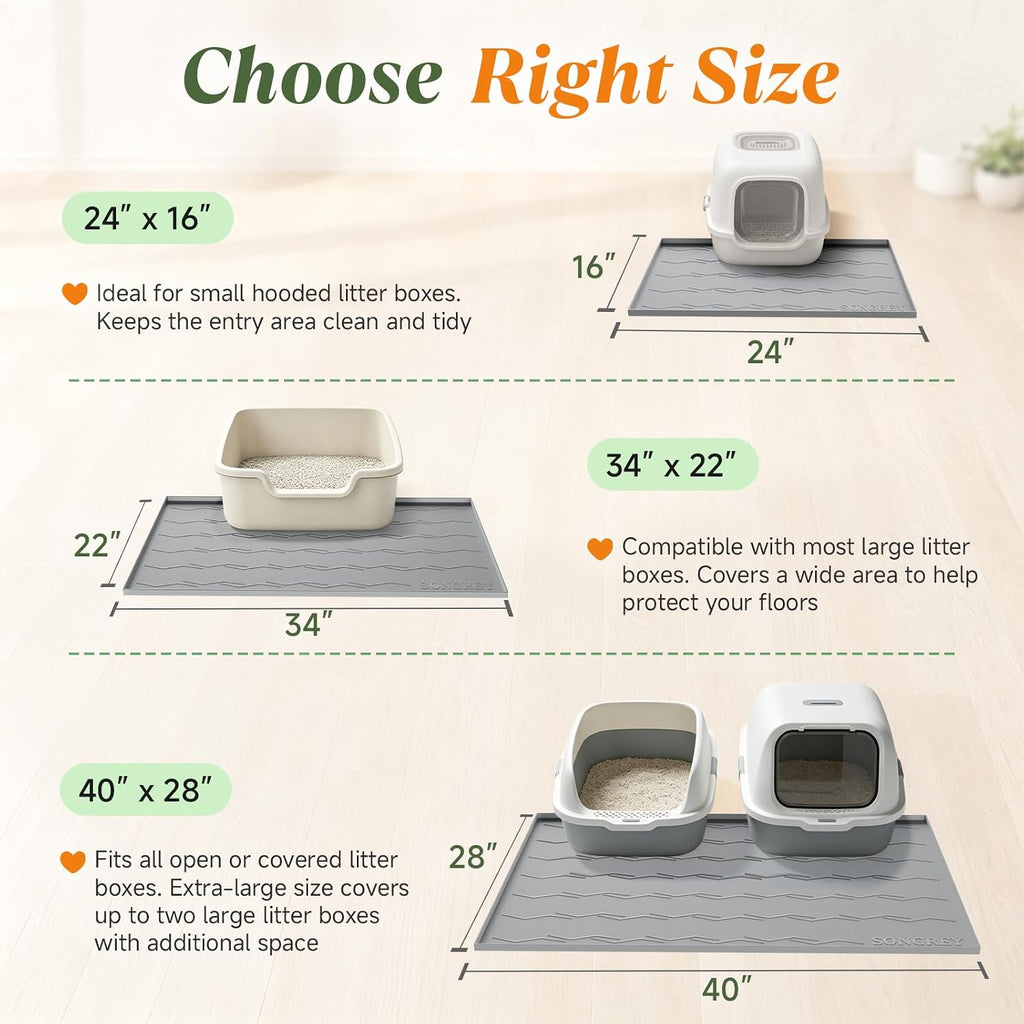 Songrey Silicone Cat Litter Mat 34" x 22", Large Litter Trapping Mat, Gray | Waterproof, Urine-Proof Litter Box Mat for Floor, Soft on Kitty Paws, Easy To Clean, Cat Supplies, Pet Feeding Mat