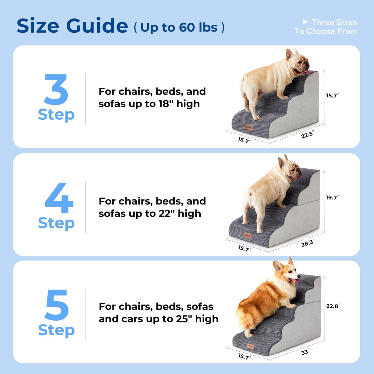 ZOMISIA Pet Stairs Ramp for Small Dogs, 15.7" Dog Bed Stairs 3 Step Grey