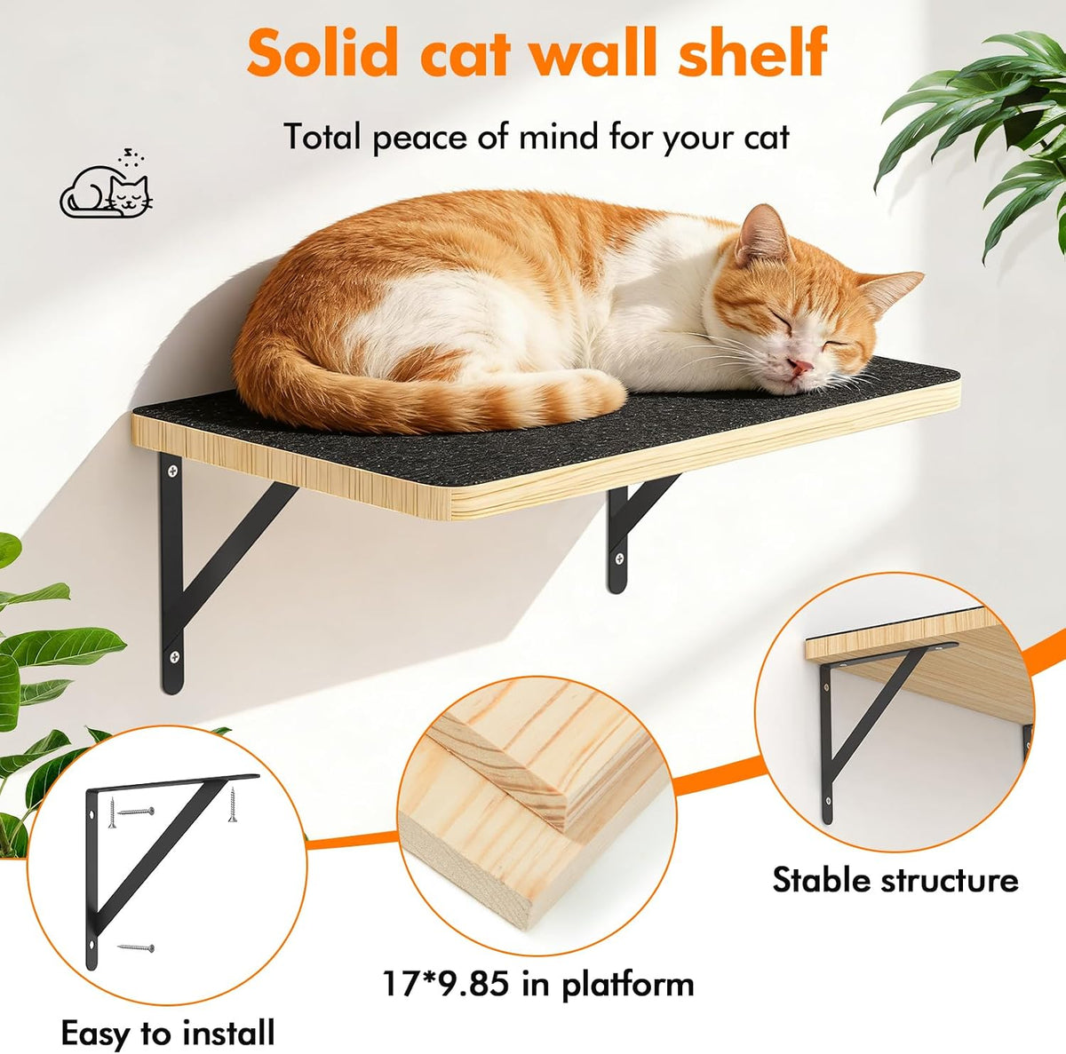2PCS Cat Wall Shelves with 17 x 9.85 Inch Soft Felt Cushion, Solid Wood Cat Wall Furniture with Solid Wood, Wall Mounted Cats Shelves for Sleeping and Climbing, Cats Climb Perch Wall