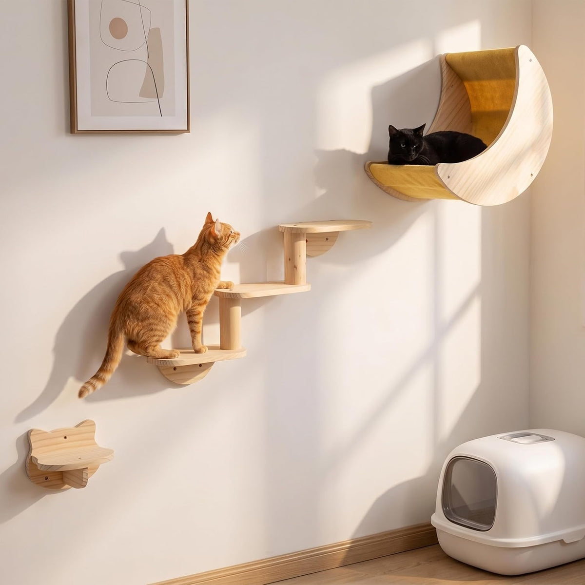 Cat Wall Shelves, Solid Wood Moon Bed, 3-Step Ladder & Perch for Climbing