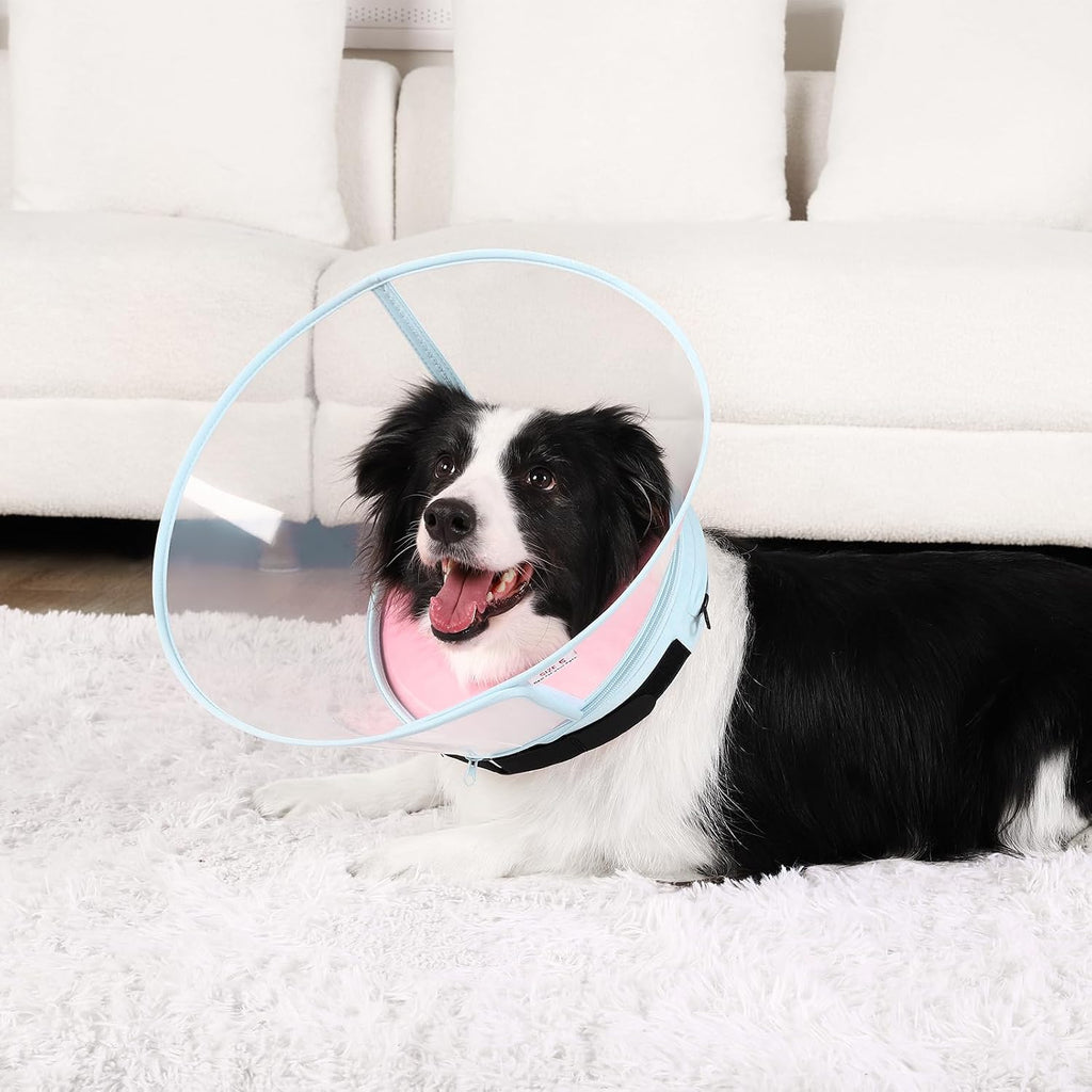 Sponge Core Dog Cone, Inflatable Dog Cone Collar Alternative, Dogs Donut Collar After Surgery, Soft Cone for Large Medium Small Dogs to Stop Licking, No Inflation Required, Clear View(Size 2, Pink)