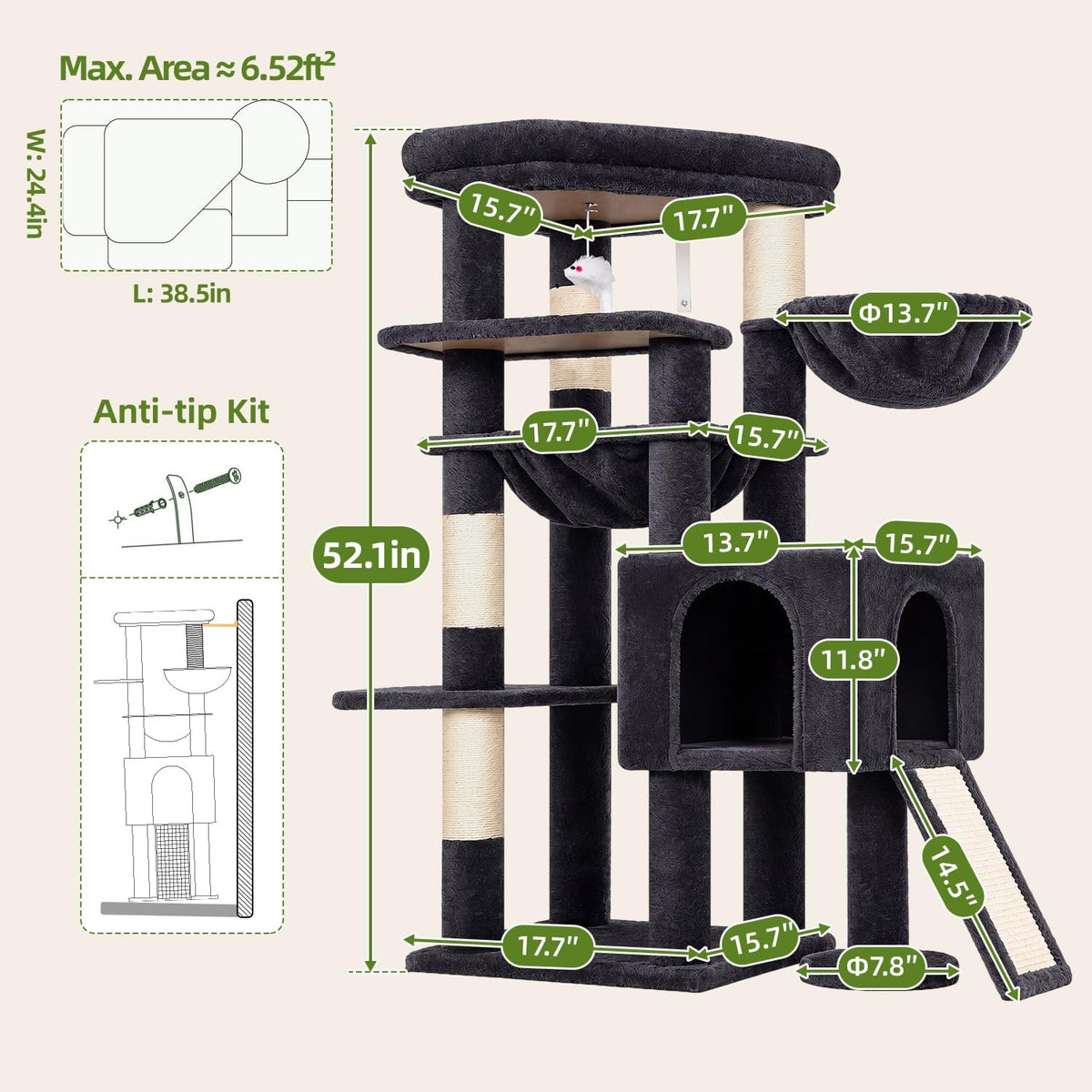 Globlazer Heavy Duty Cat Tree Tower for Large Indoor Cats, F52J, Dark Grey