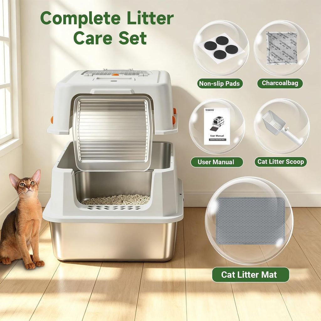 XL Enclosed Stainless Steel Litter Box with Lid, Light Gray