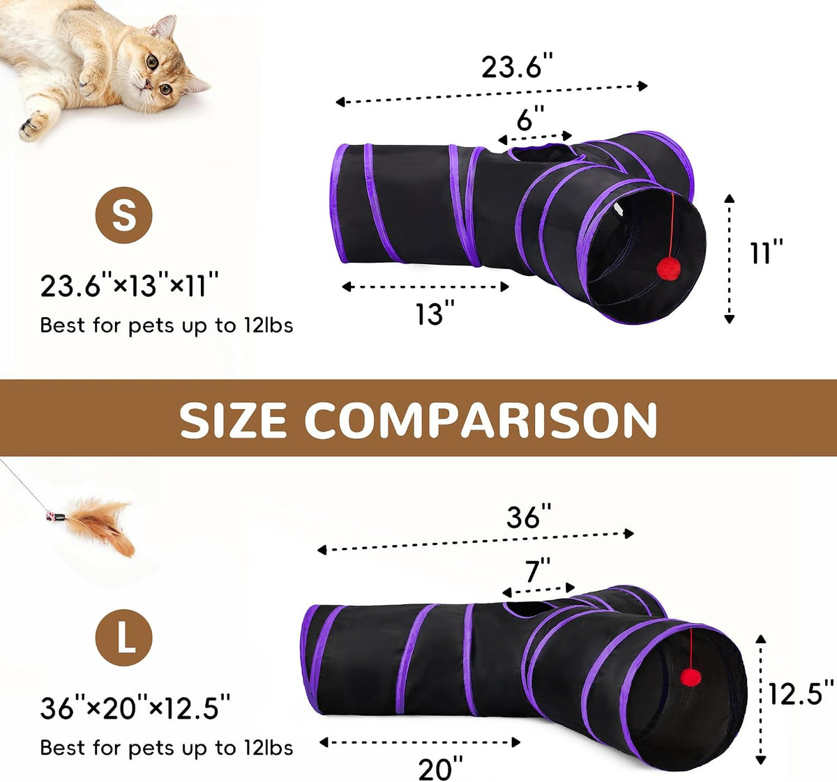 Tempcore Cat Tunnel, 3-Way Collapsible Toy, Large Size Black & Purple | Large Size 3-Way Cat Tunnel Provides More Room for Cats to Run, Hide and Chase, with Peek Holes, Hanging Ball and Teaser Wand