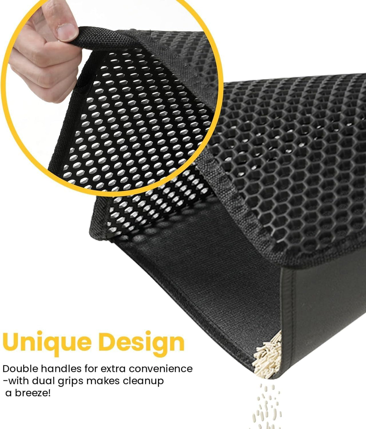 Cat Litter Mat-30"X24" Large Litter BoxTrapping Mat for Kitty EVA Honeycomb Double Layer Design, Urine & Waterproof with Handle Design Easier to Clean, Washable, Black
